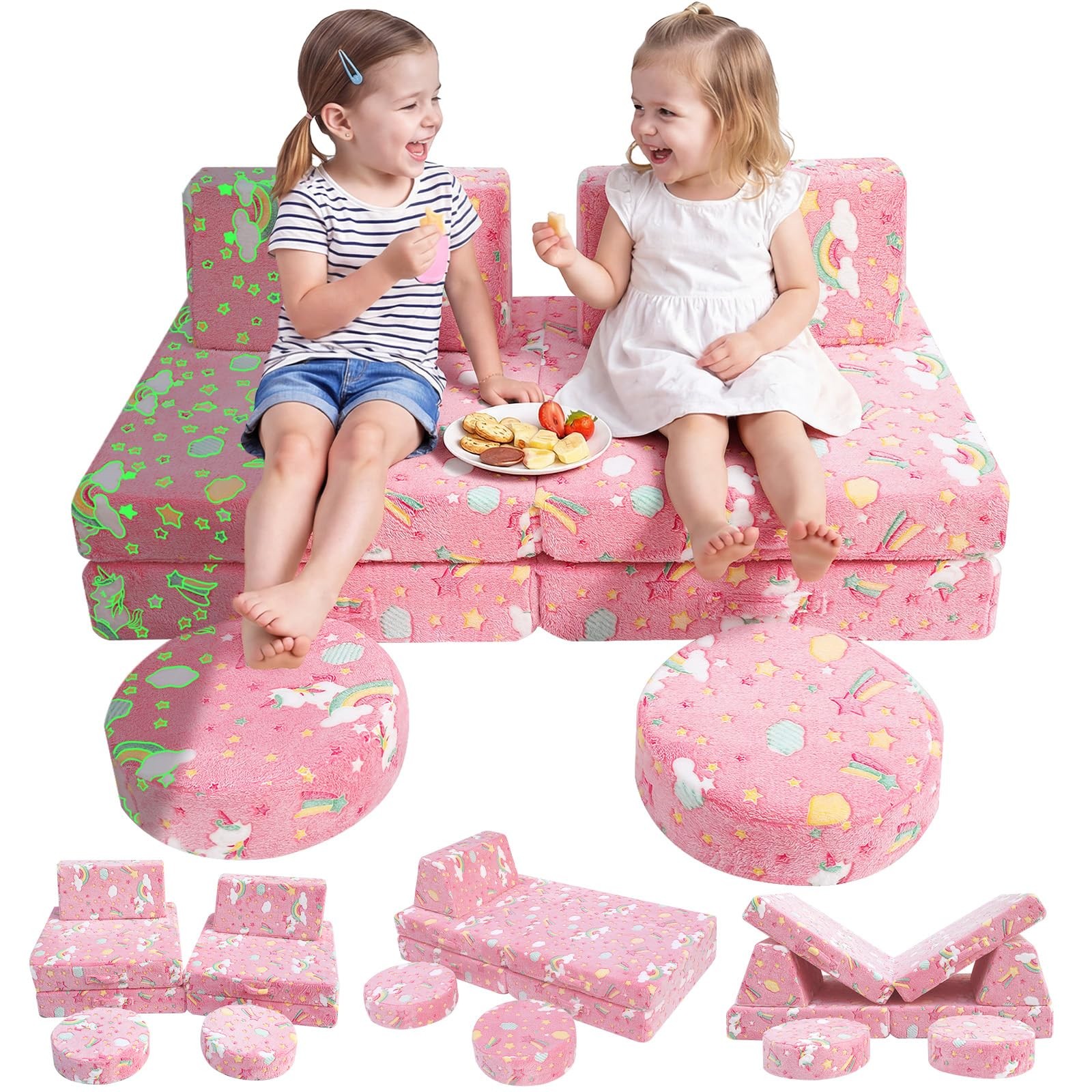 Memorecool Kids Sofa 8-Piece Modular Play Couch For Girls Glow In The Dark