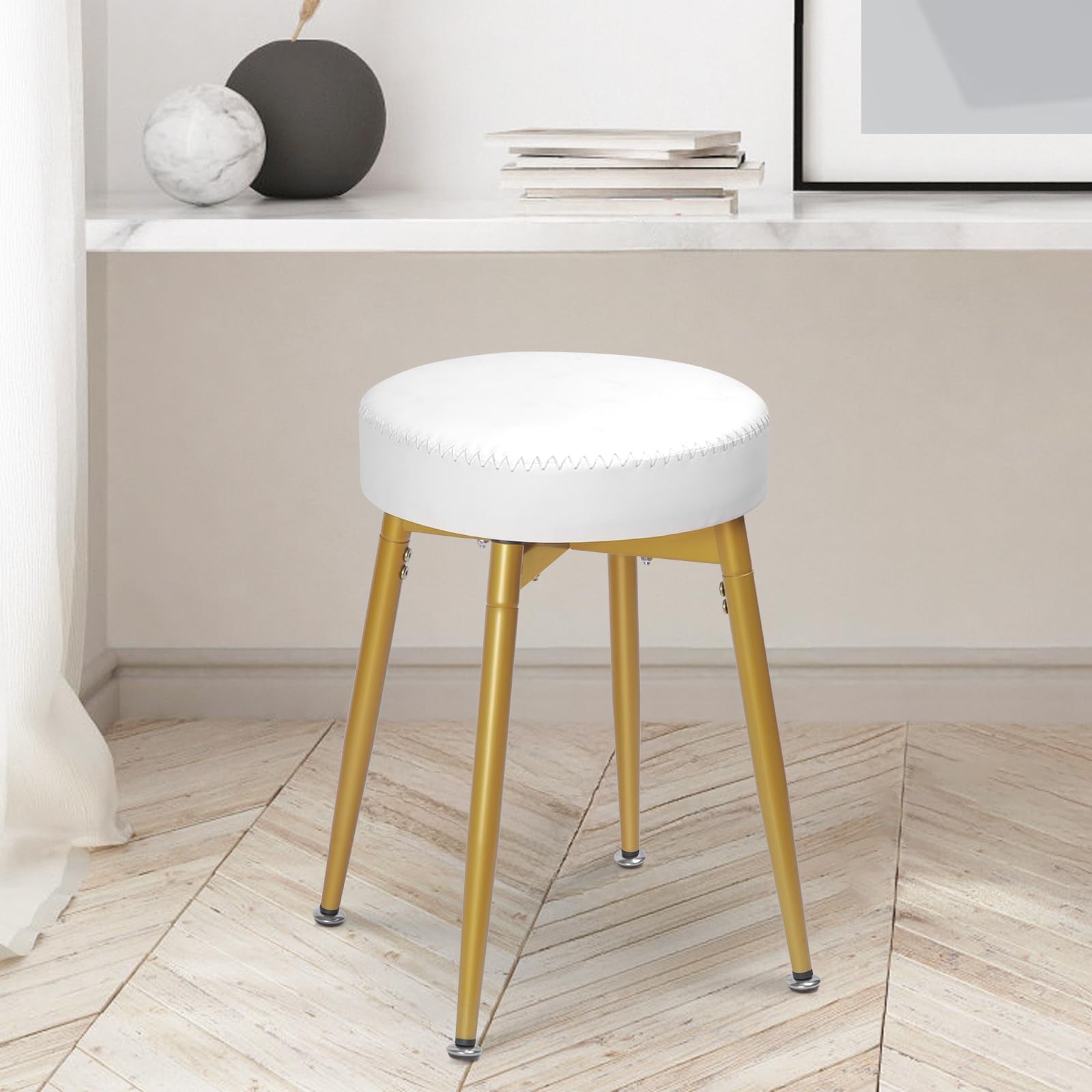 360 Swivel Vanity Stool Round PU Leather Makeup Chair White Gold
