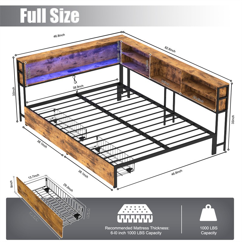 Full Size Corner Daybed with Bookcase Headboard,2 Storage Drawers & LED Light