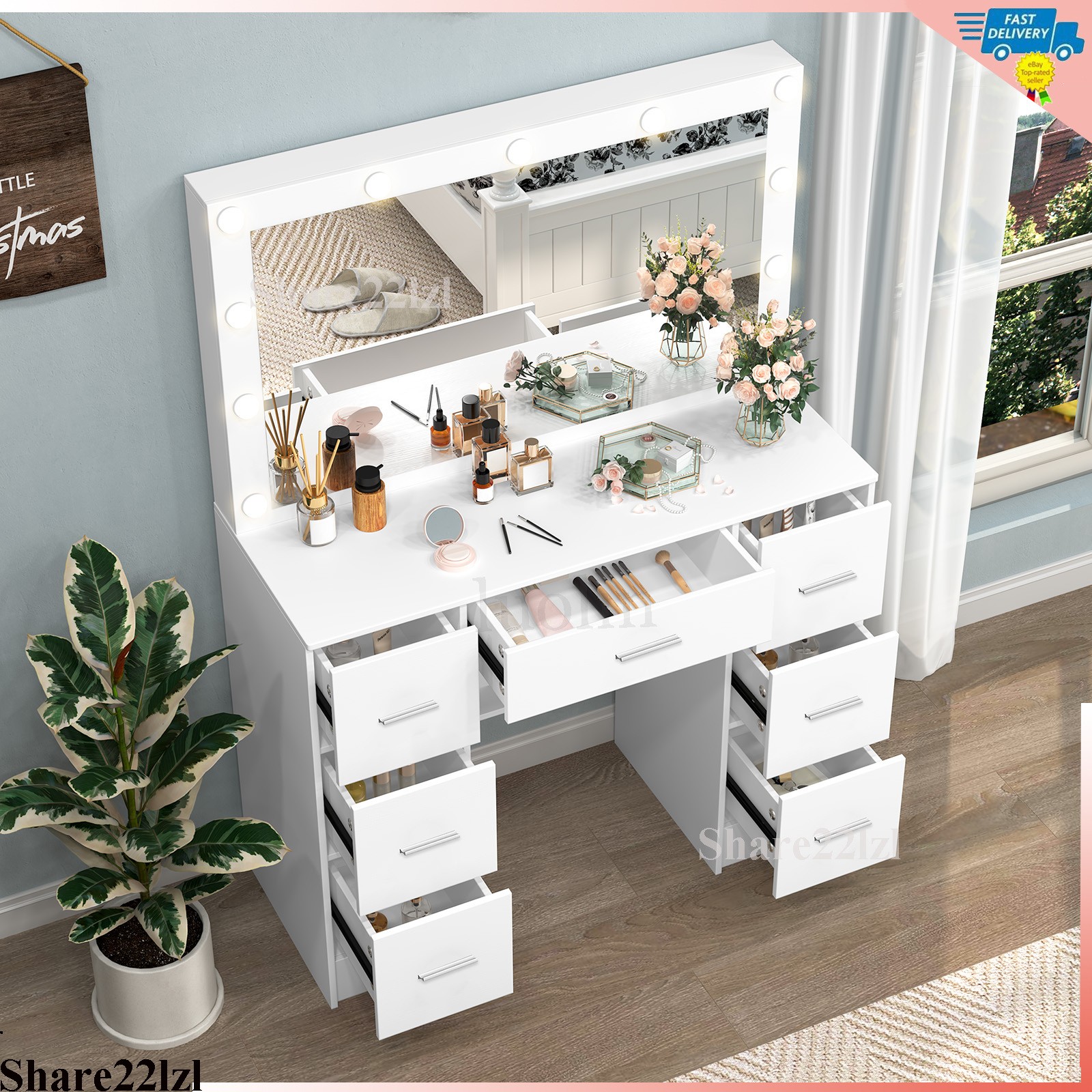 Makeup Vanity Table Set with Large LED Lighted Mirror Bedroom Dressing Dresser