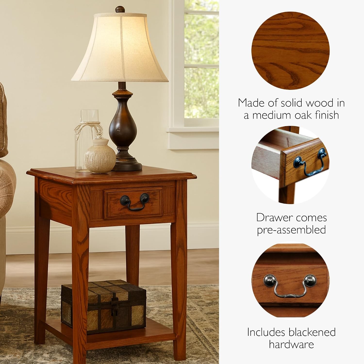 Haven Ridge Solid Wood Square Side Table with Drawer and Shelf, Medium Oak