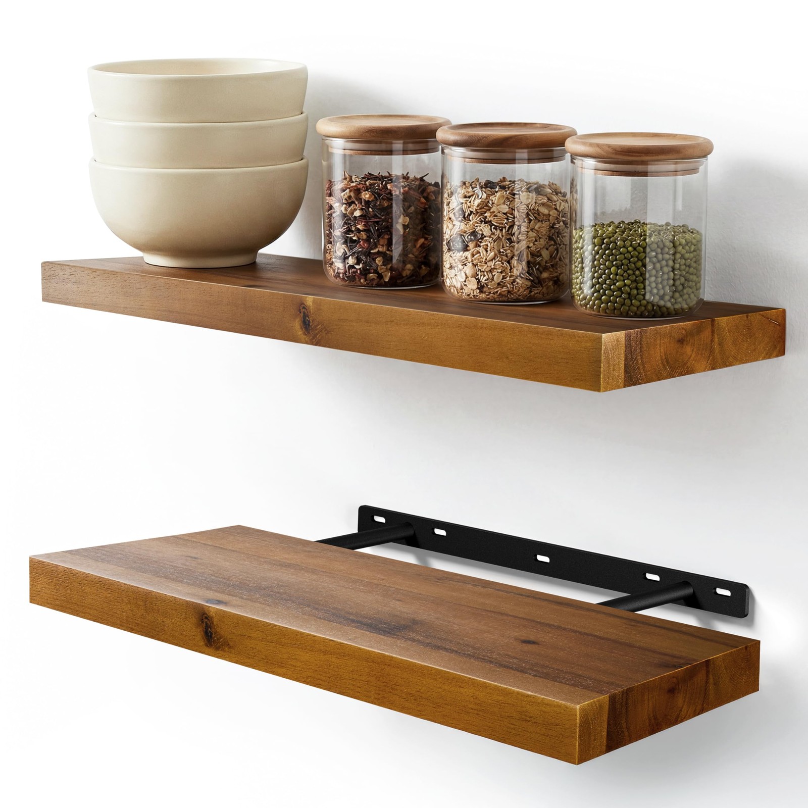 Set of 2 17″ Acacia Wood Floating Shelves Wall Mounted – Rustic Farmhouse Woo…
