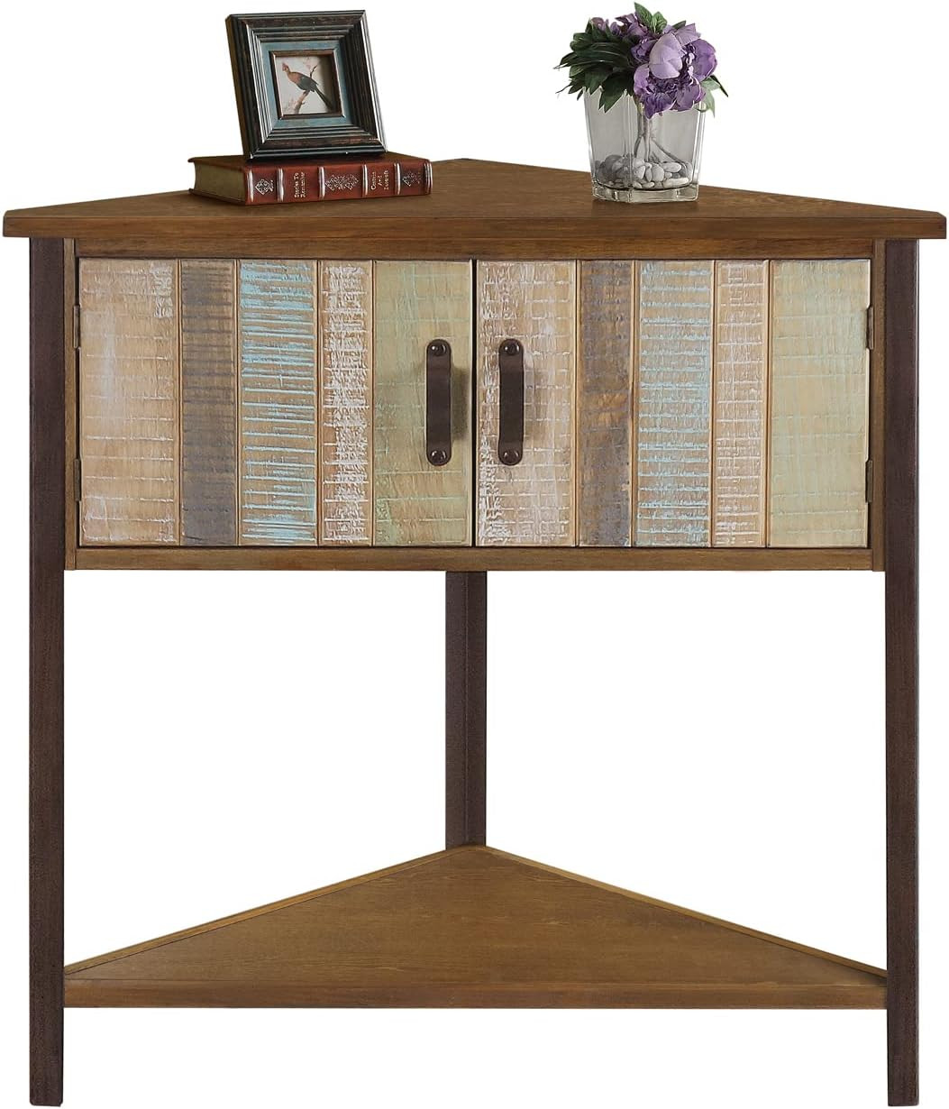 Handmade Natural Blue Corner Table with Storage – Solid Wood & Metal Frame
