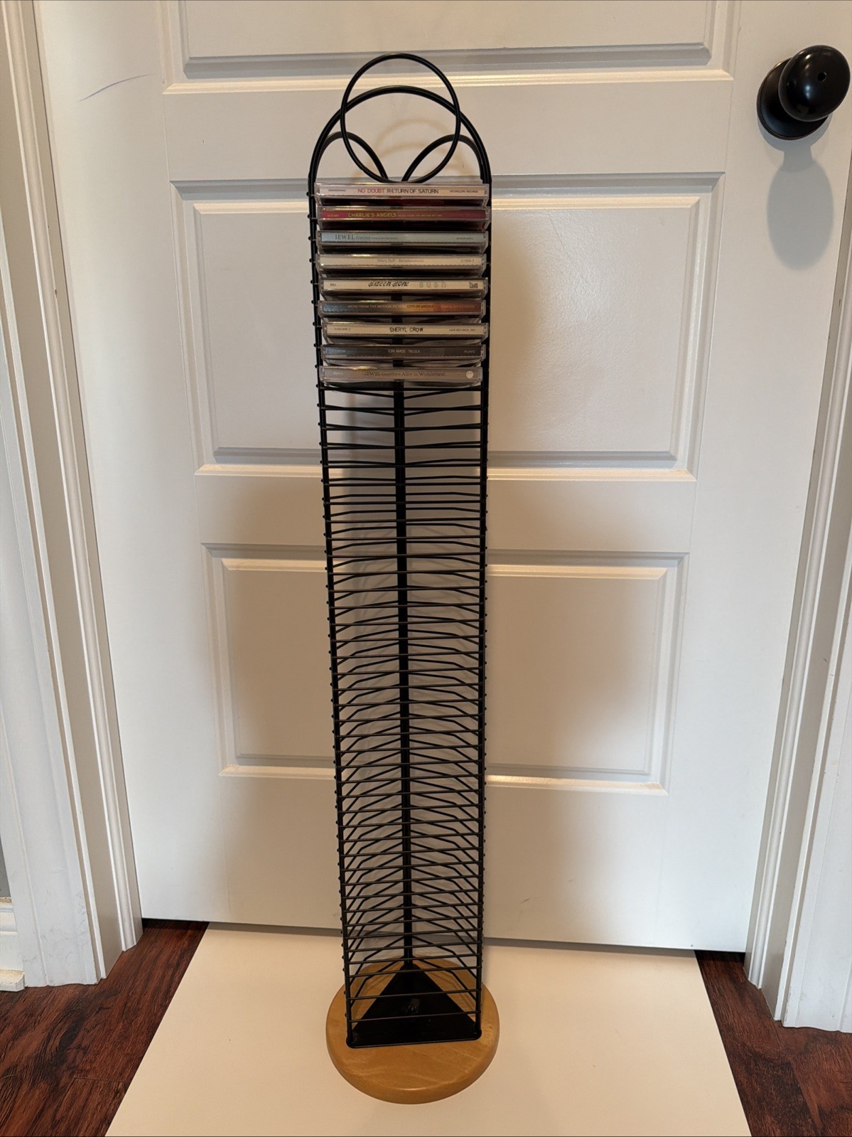 37” Vintage Black Metal Wire CD Tower Rack Stand W/Wood Base Holds 50 CDs