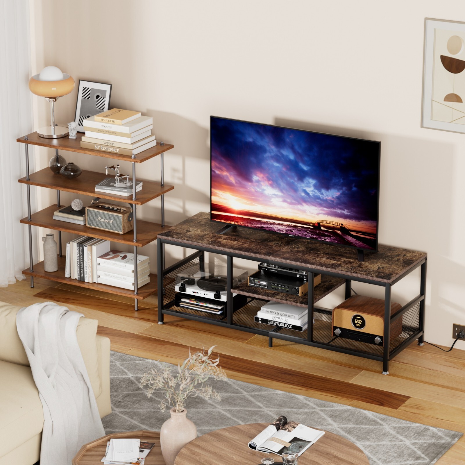 55”60”70” TV Stand with Power Outlets Open Shelf Storage Rack Durable Brown