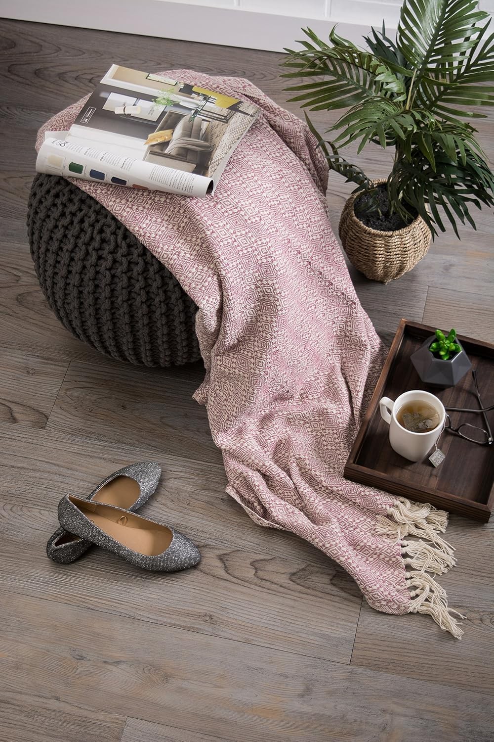 100% Cotton Diamond Stitch Woven Throw Organic Modern 50 X 60Rose Picnic Blanket