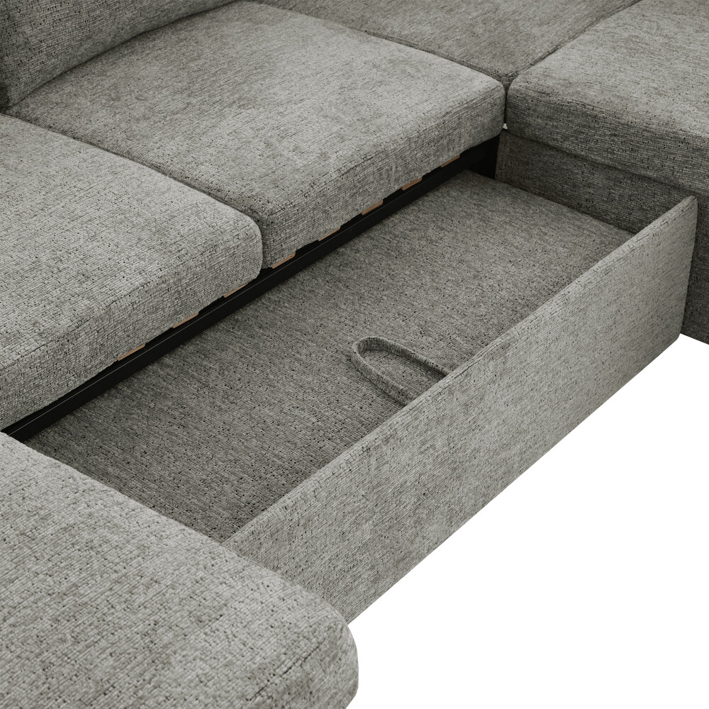 109.9″ Sectional Sofa Bed U-shaped Sofa with Storage, Cup Holders, Light Grey