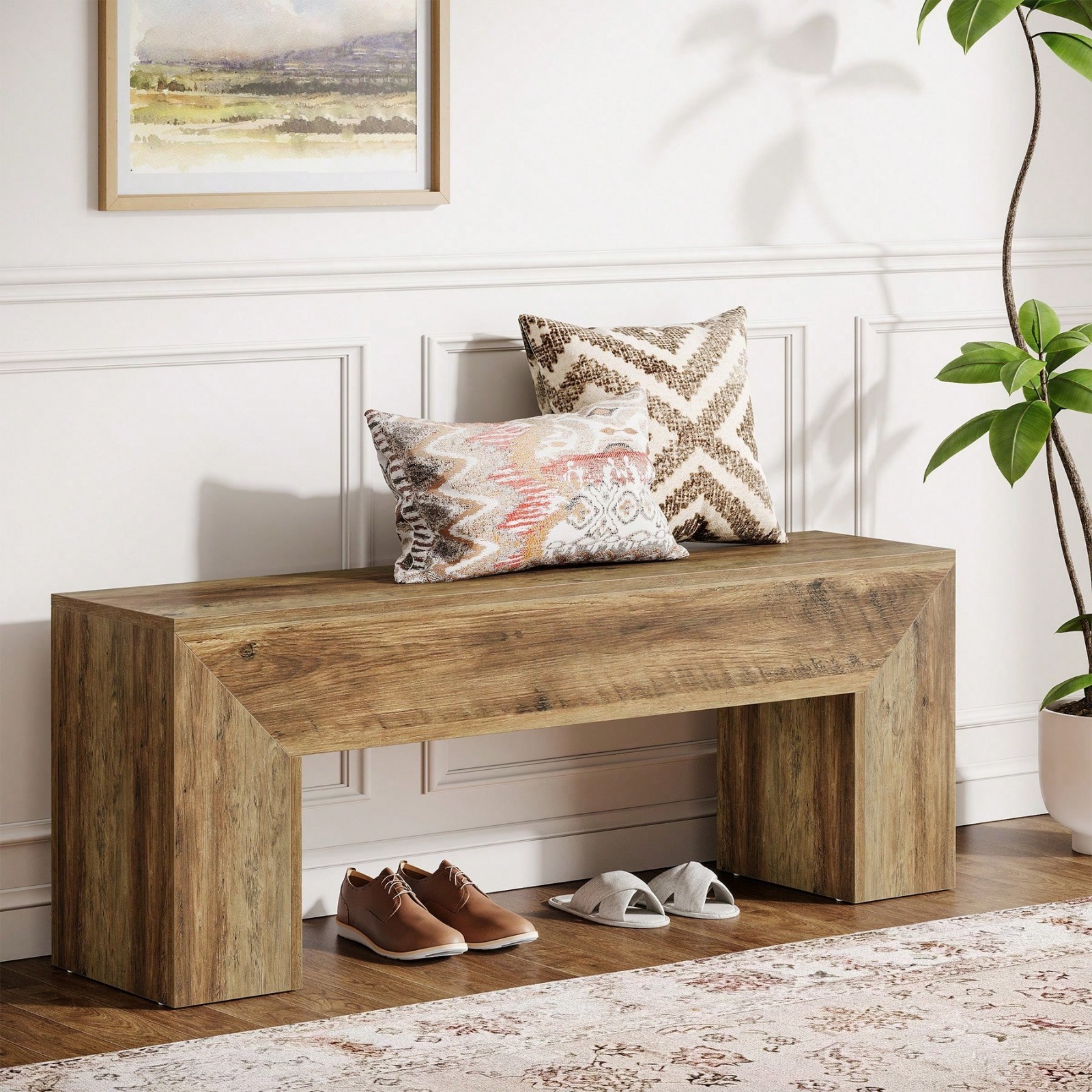47″ Wooden Entryway Bench Farmhouse Shoe Bench End Of Bed Seat
