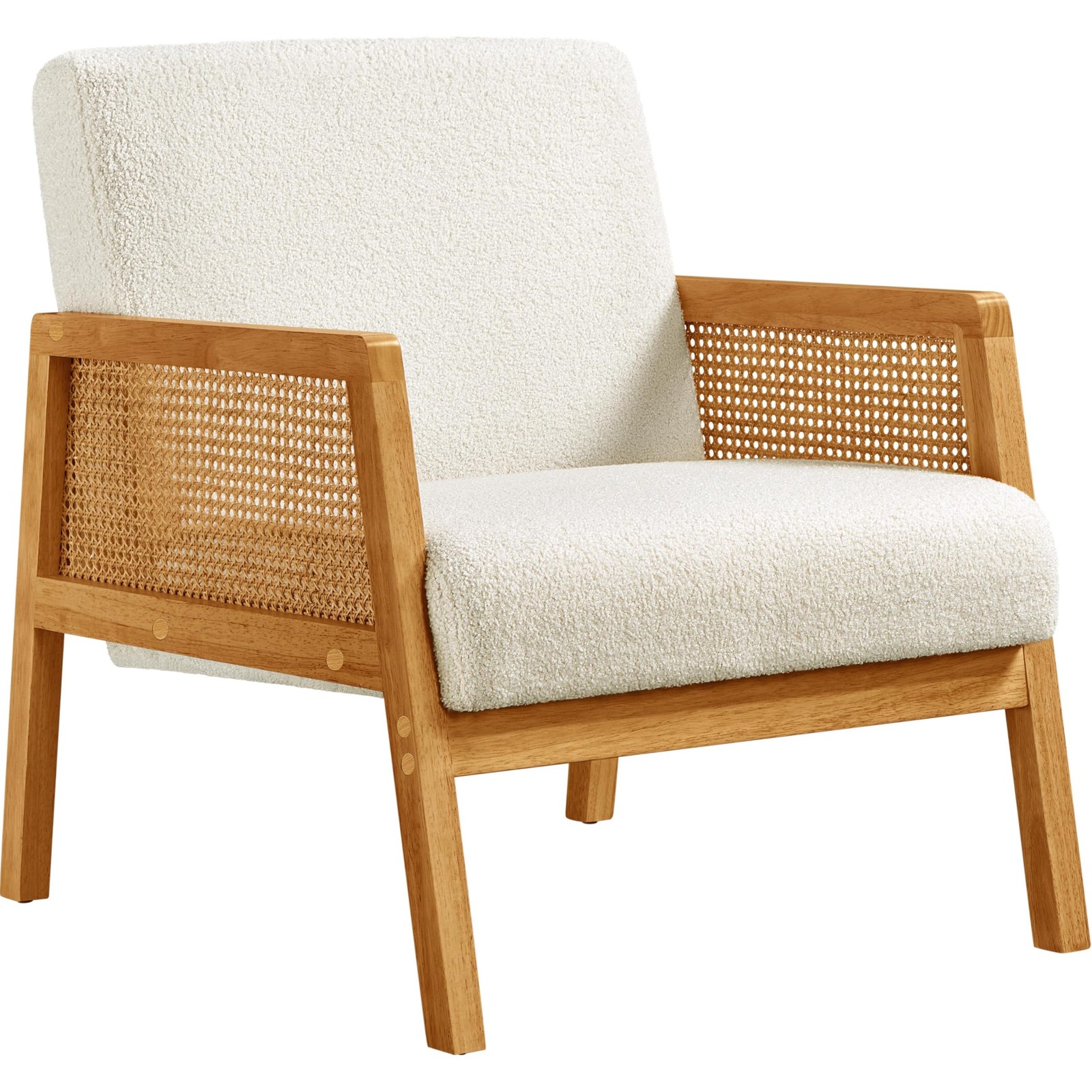 Rattan Accent Chair, Boho Vintage Armchair, Boucle Fabric Reading Chair, Ivory