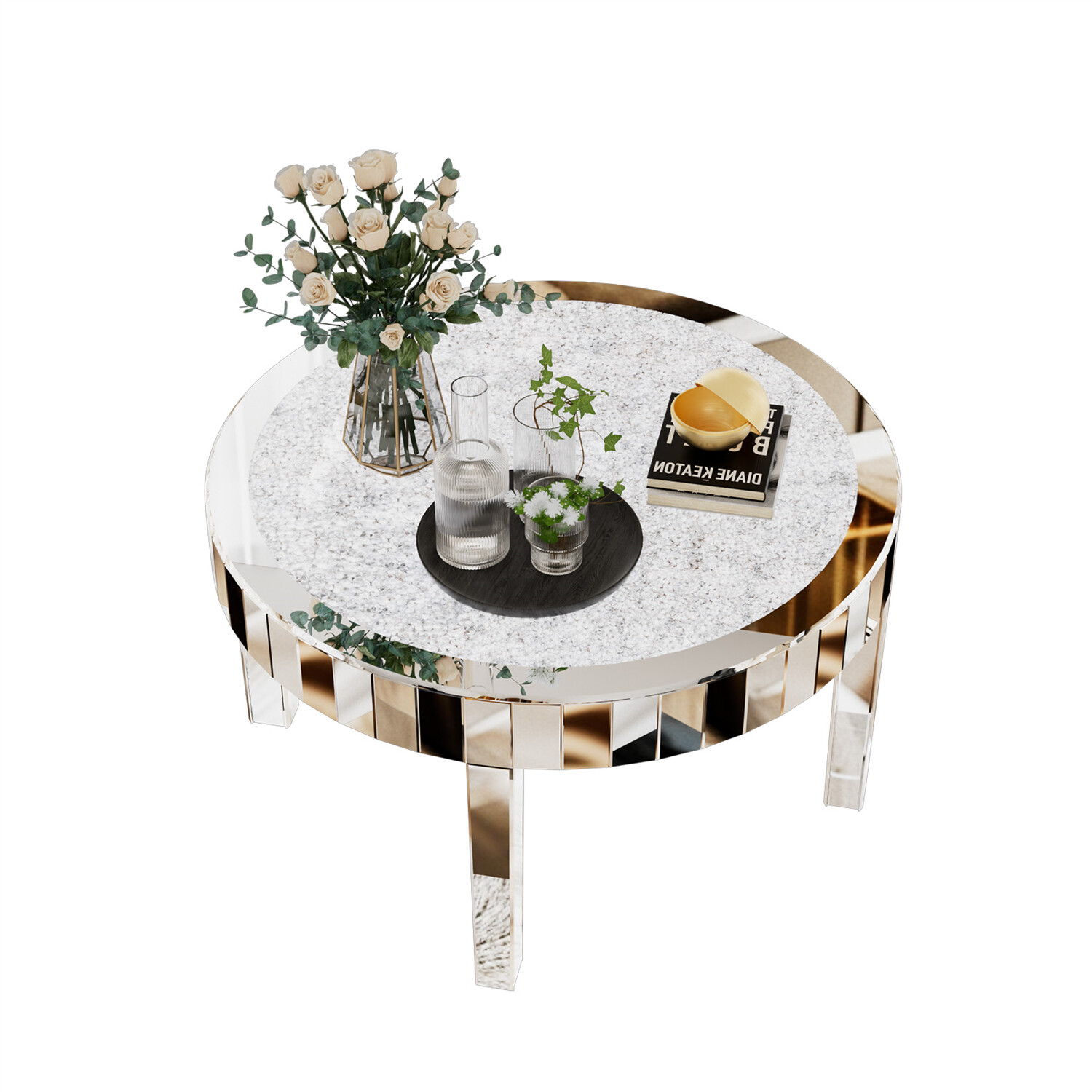 Shiny Silver Mirrored Coffee Table Mirror Crystal Inlay Round End Cocktail Table