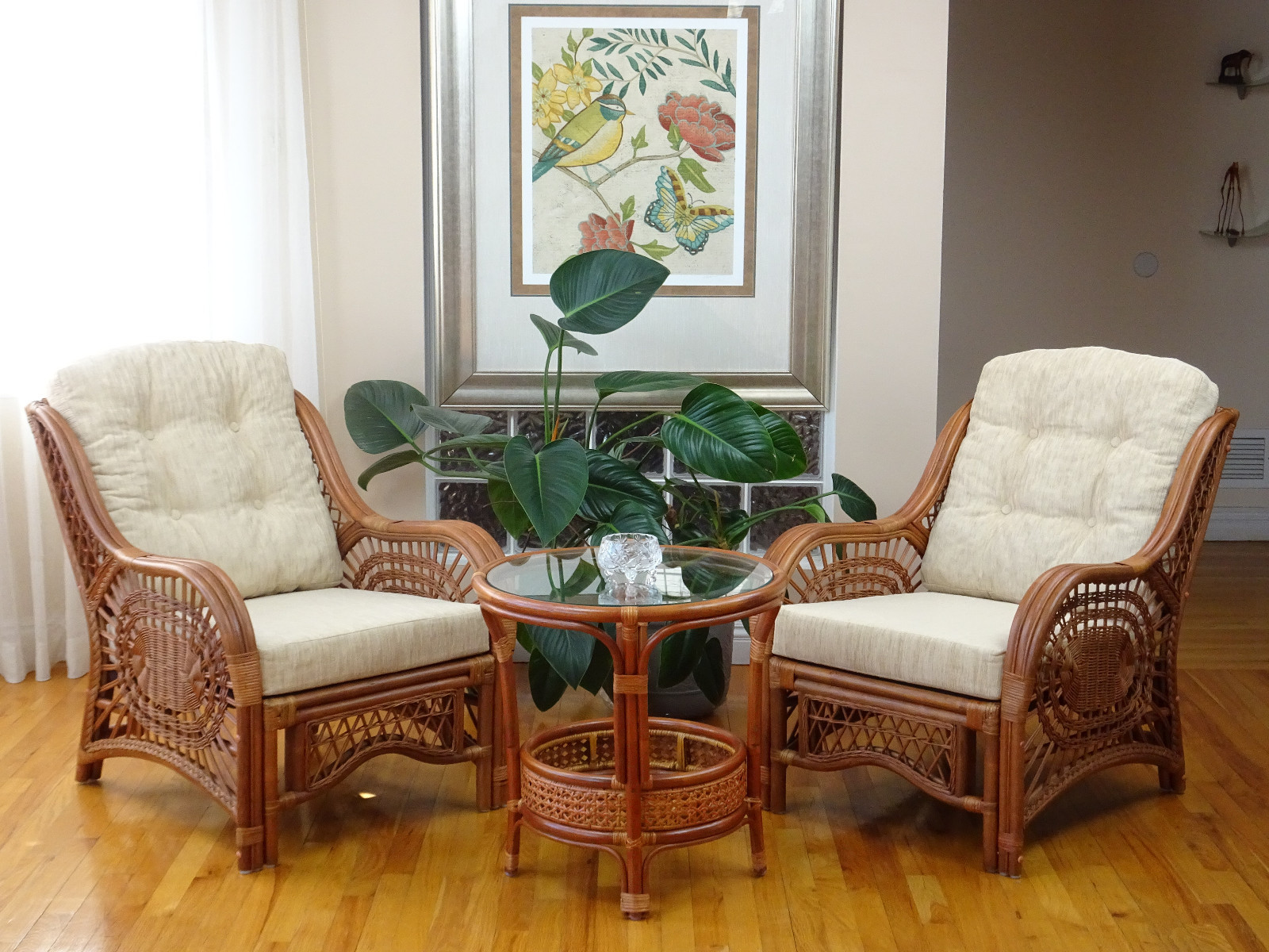 Malibu Rattan Wicker Living Set of 2 Chairs w/Cream Cushions and Coffee Table