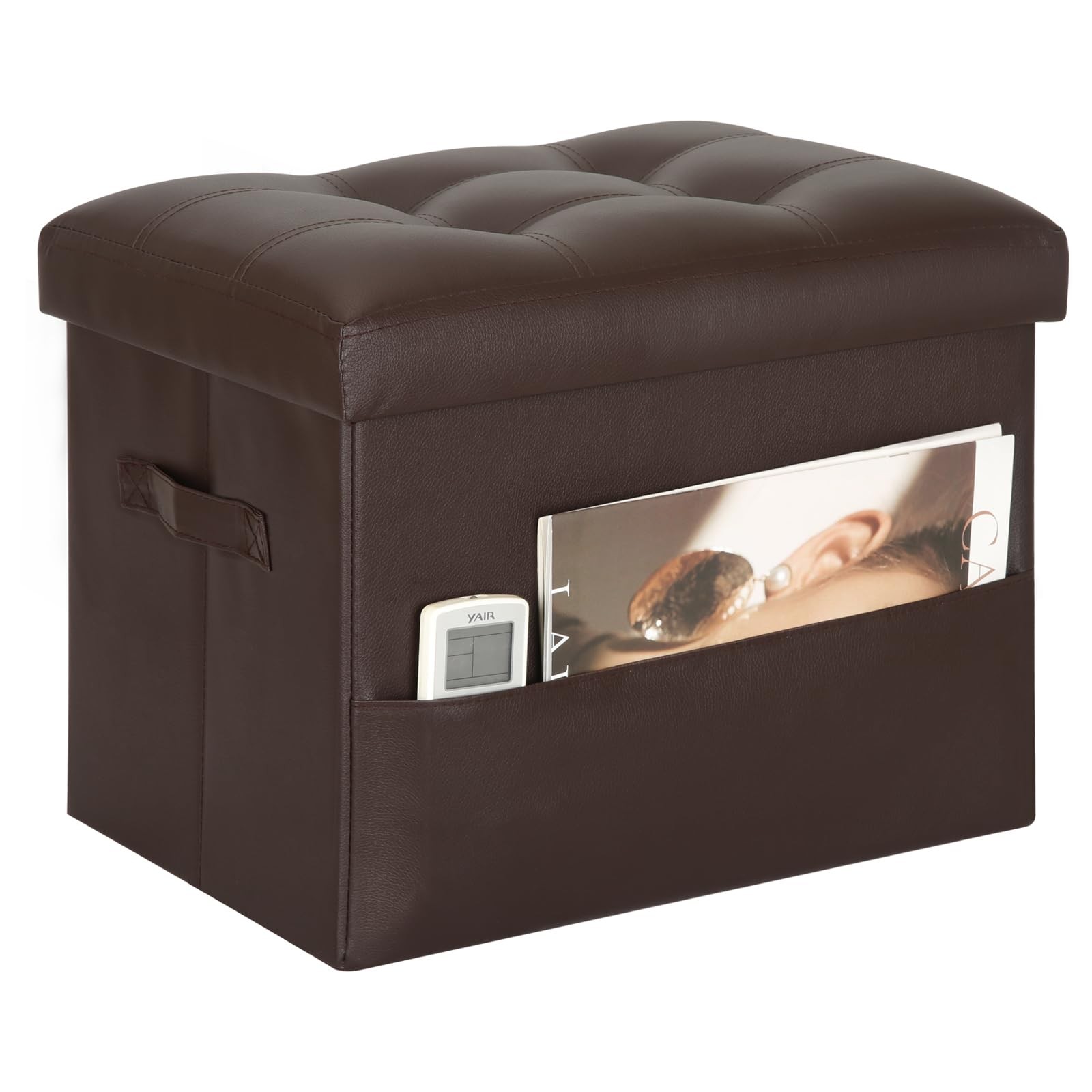 Brown Foldable Leather Storage Ottoman Foot Rest Bench 350lbs 17x13x13 Inch