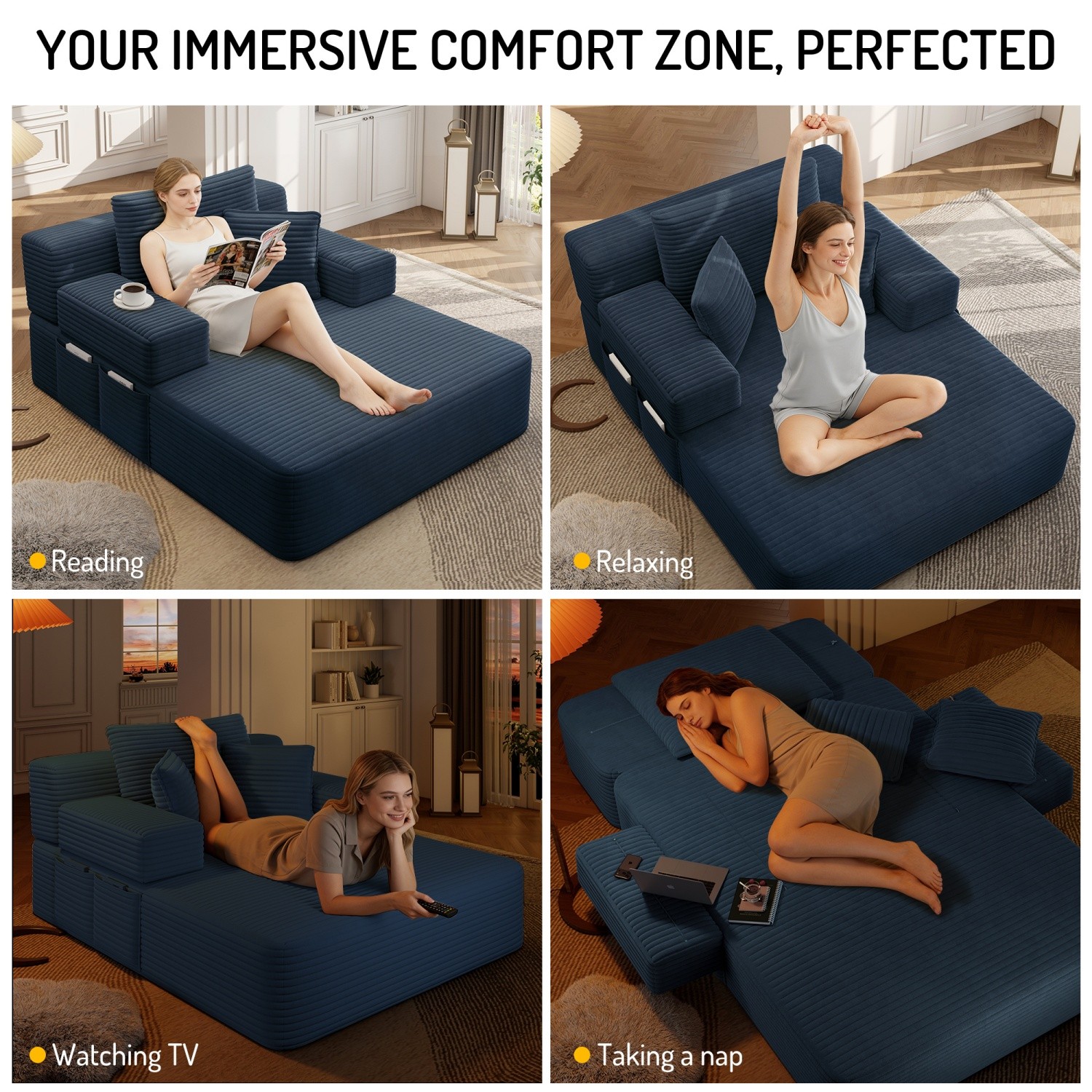 Modern Plush Corduroy Sofa Bed Chaise Lounge No Assembly Required with 3 Pillows