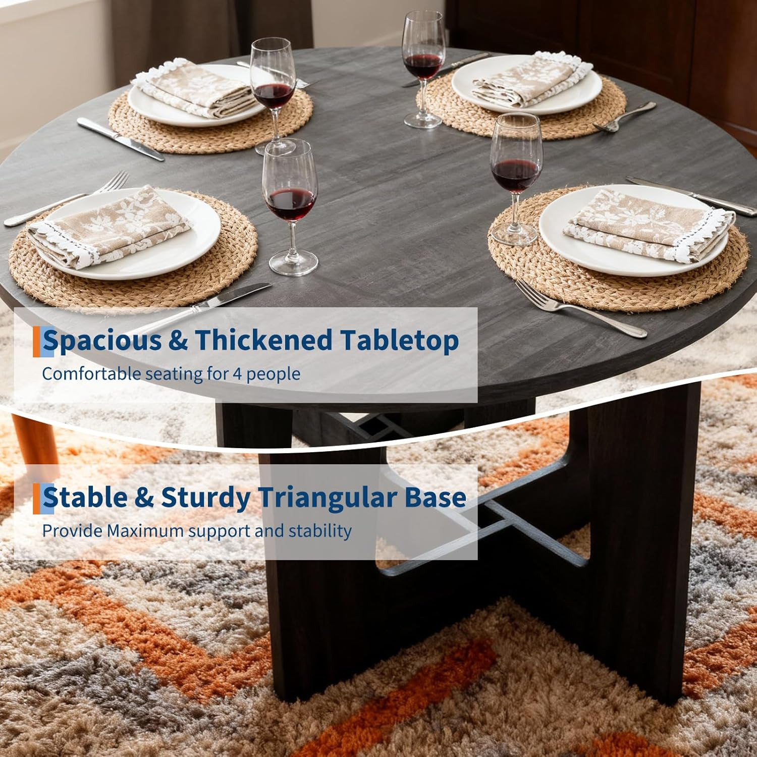 Compact Round Dining Table for 4 – Black Wood Pedestal Base for Small Spaces
