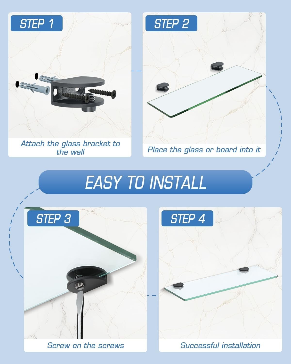 Metal Glass Shelf Bracket Set with Excellent Strength, Black Finish