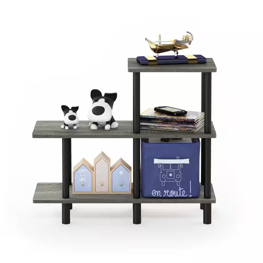 27.83 In. French Oak Gray Plastic 3-Shelf Etagere Bookcase with Open Back