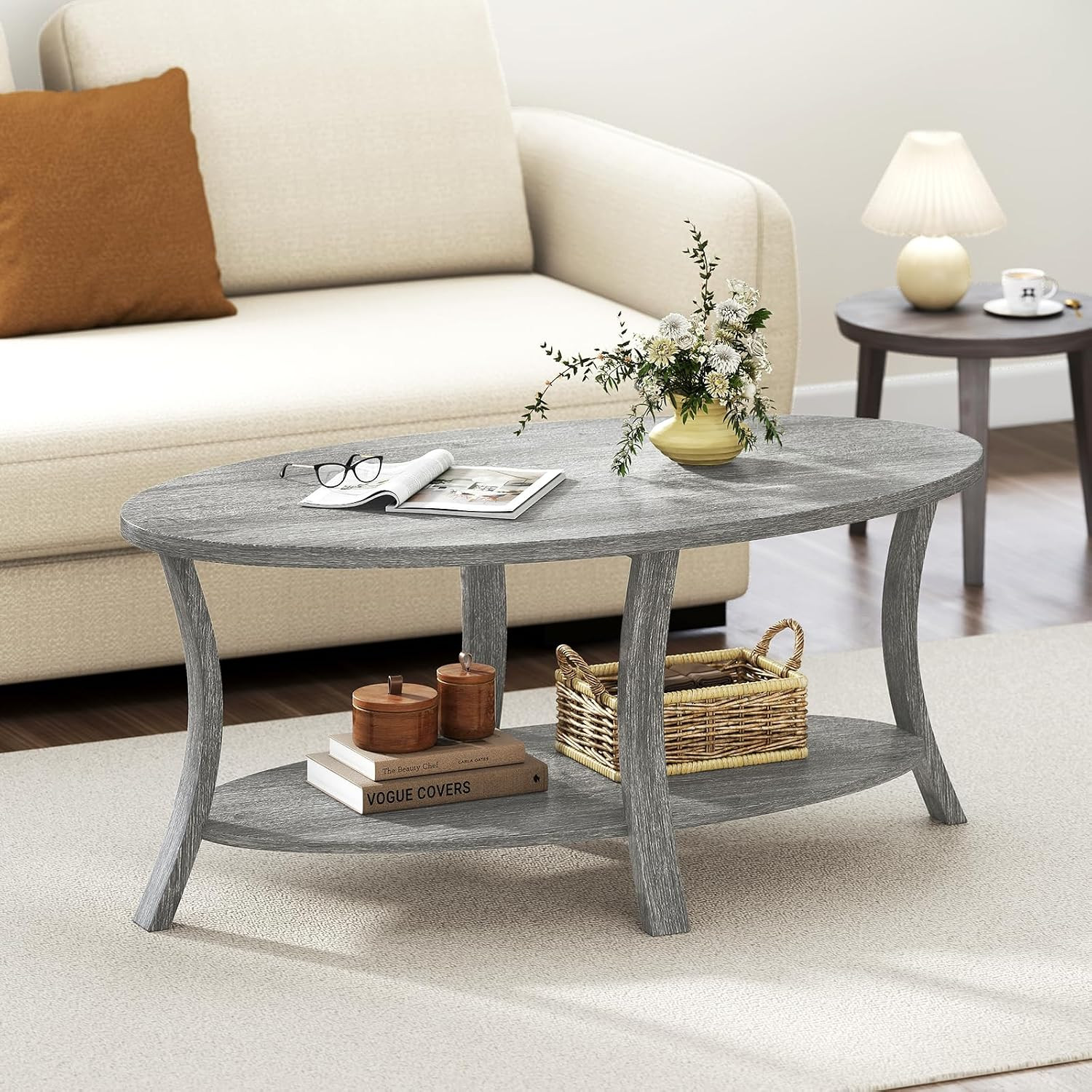 44 Inch Oval Coffee Table, 2-Tier Center Table with Storage Shelf & Rubber Wood