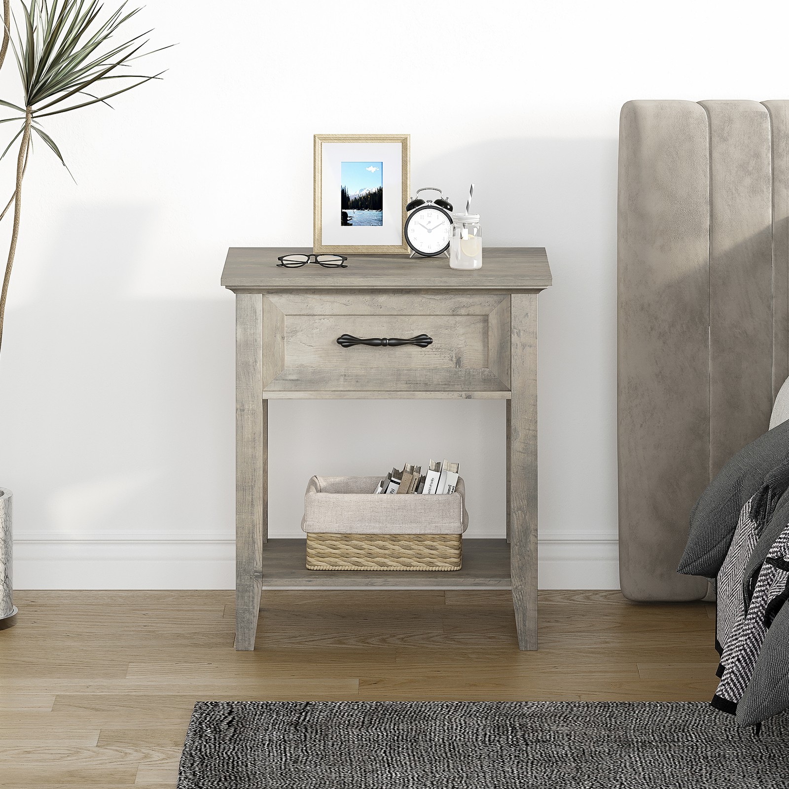 1PC Square Nightstand Bedside Table End Table Storage Drawer Easy Assembly Gray