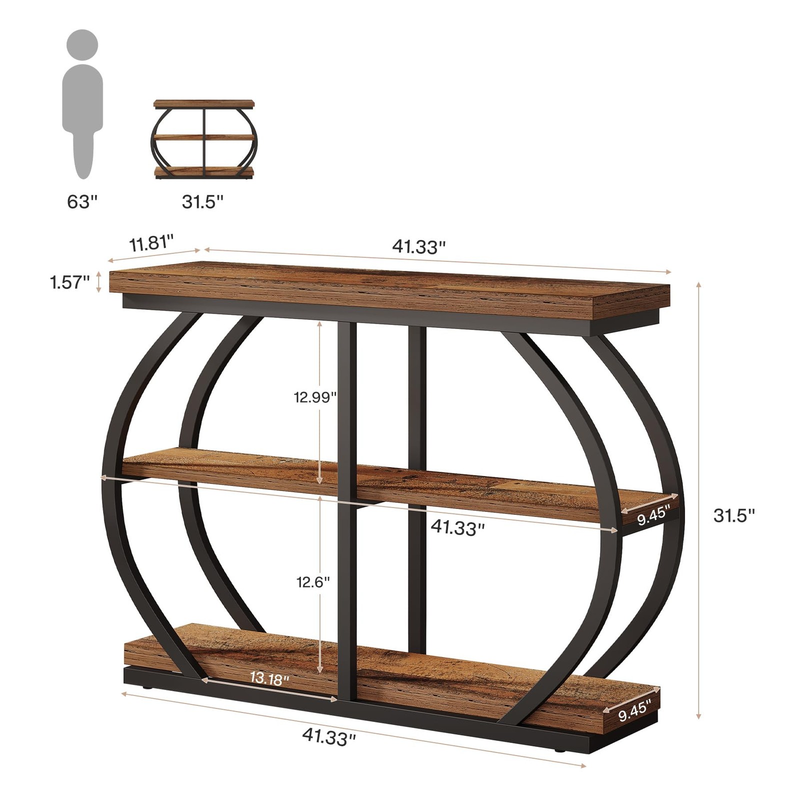 41.3″ Console Table Industrial 3-Tier Entryway w/Metal Frame & Stone Base