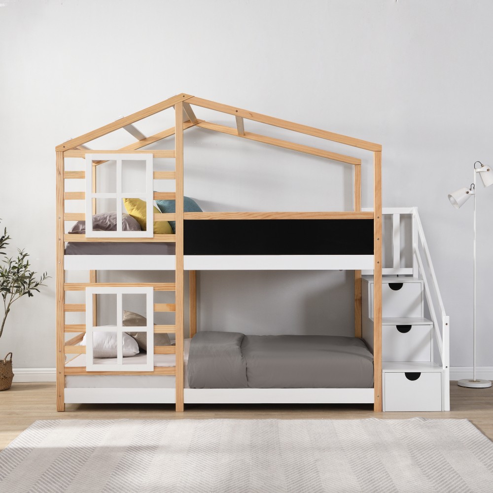 Twin over Twin Bunk Bed House Bed w/Roof Windows,Blackboard & Storage Ladder