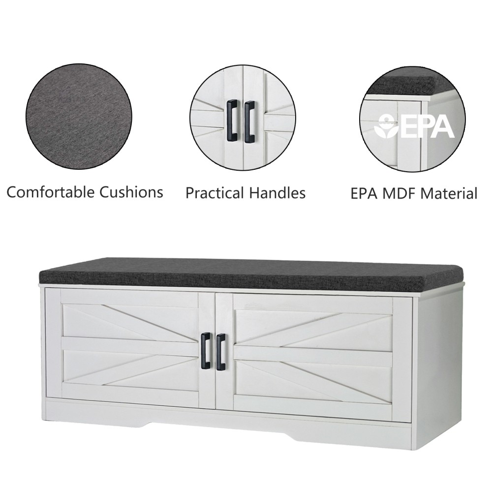 2-Tier Storage Bench, Farmhouse Shoe Bench with Padded Cushion Entryway Bench