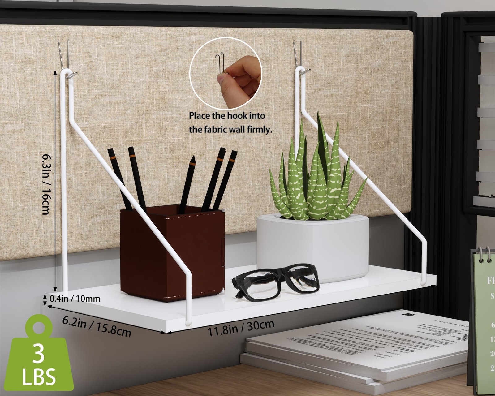 11.8 Inch Office Cubicle Floating Shelf Hooks Hanging Storage Organizer White