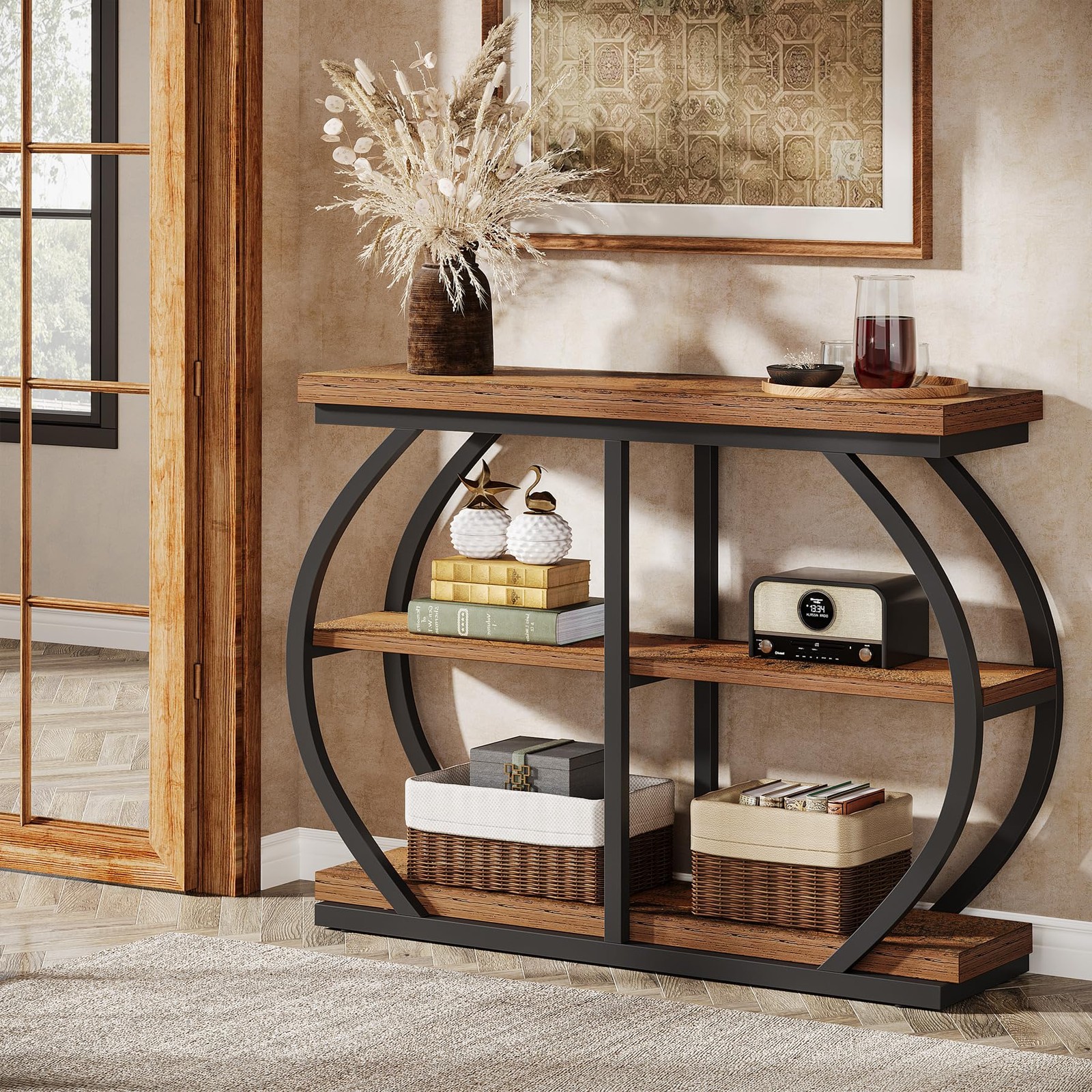41.3″ Console Table Industrial 3-Tier Entryway w/Metal Frame & Stone Base