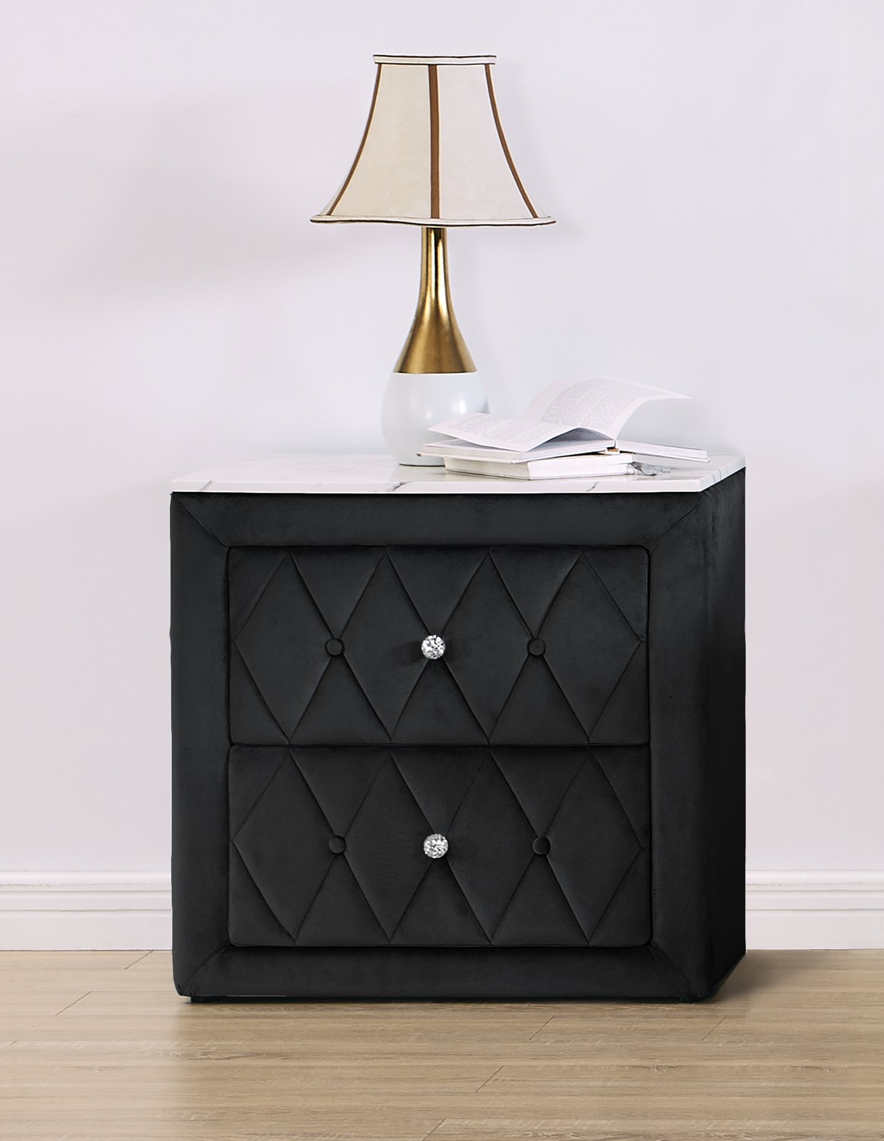 1pc Black Nightstand Upholstery Fabric Faux Marble Top TwoStorage Drawers Wooden