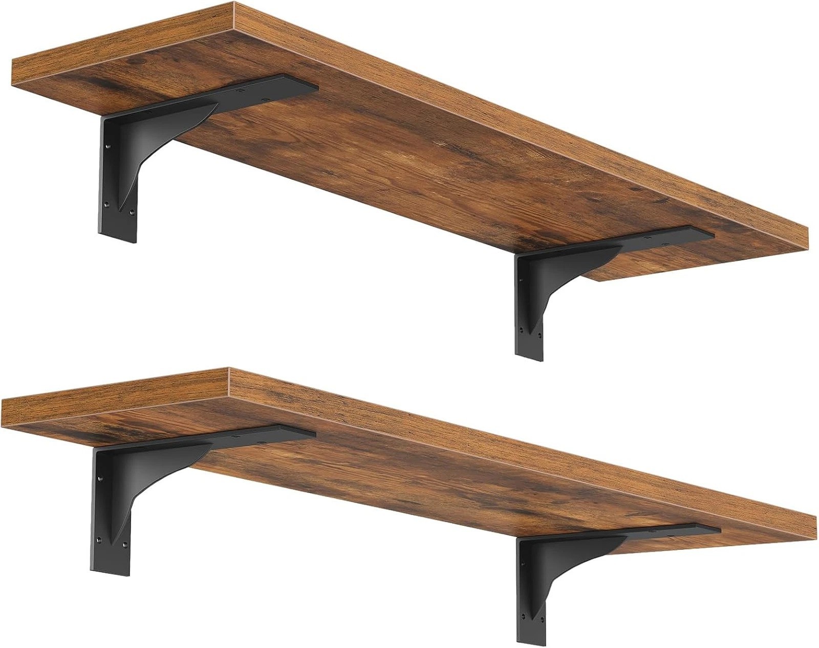 Floating Wall Shelves Set of 2 15.7 Inch Wood Metal Brackets Rustic Brown Black