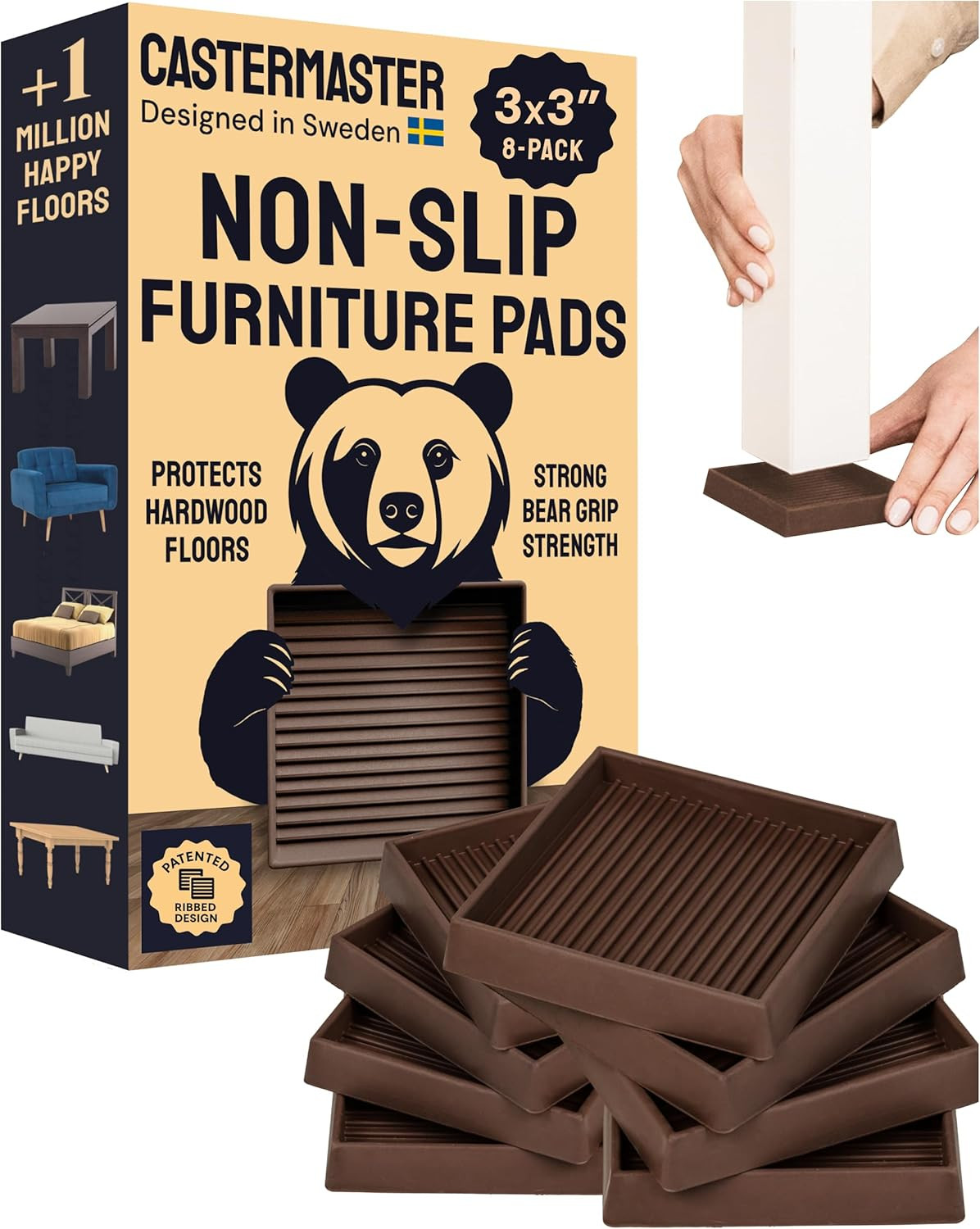 CasterMaster Non-Slip Furniture Pads – 3×3 in Brown, 8 Pack | Square rubber feet