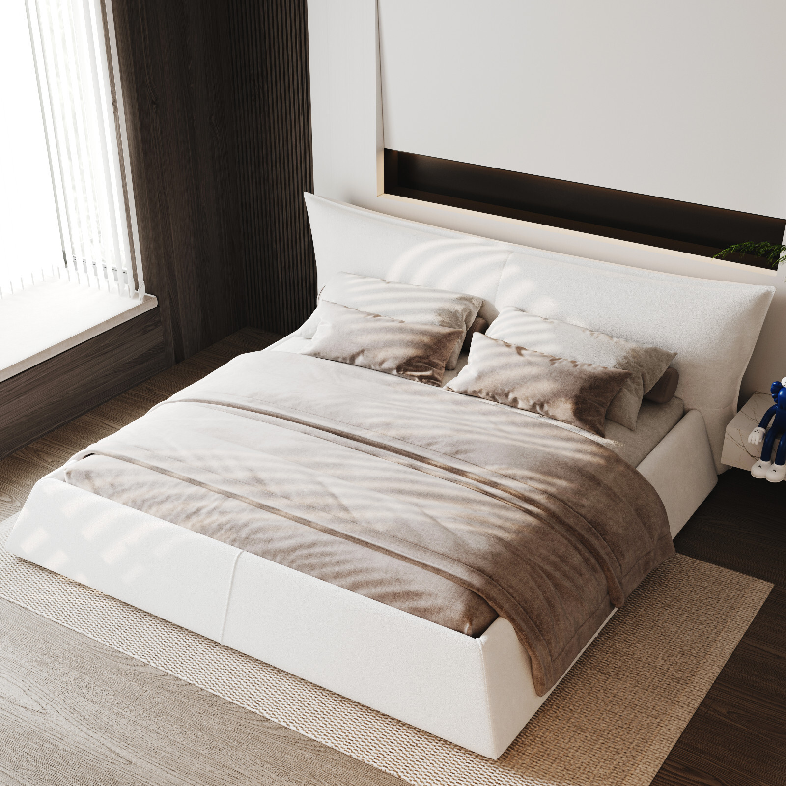 Upholstered Platform Bed with Velvet Headboard King Size ,Solid Wood Frame,Cream