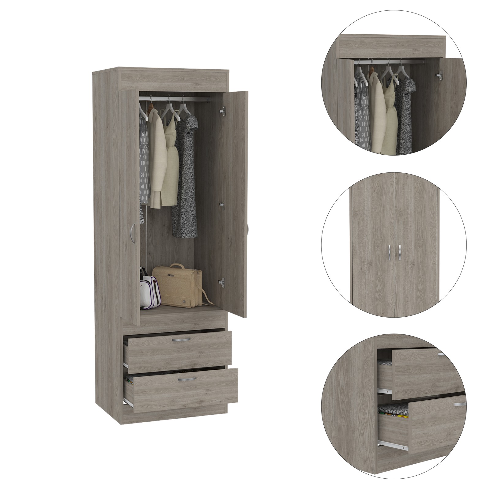 Lisboa 2-Door Armoire Light Gray Particle Board Wardrobe