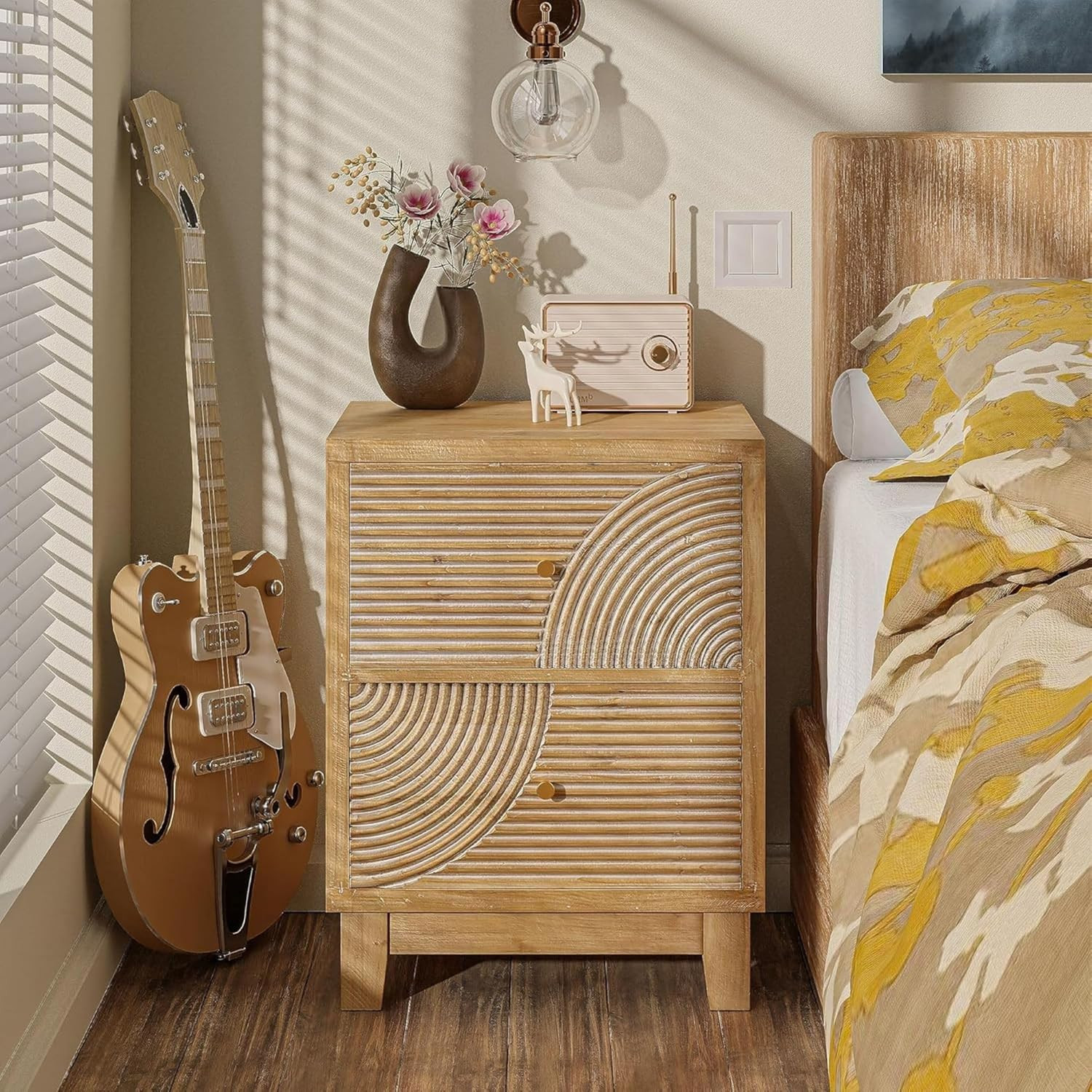 Set of 2 2-Drawer Farmhouse Nightstand, Mid Century Nightstand Fully Assembled w
