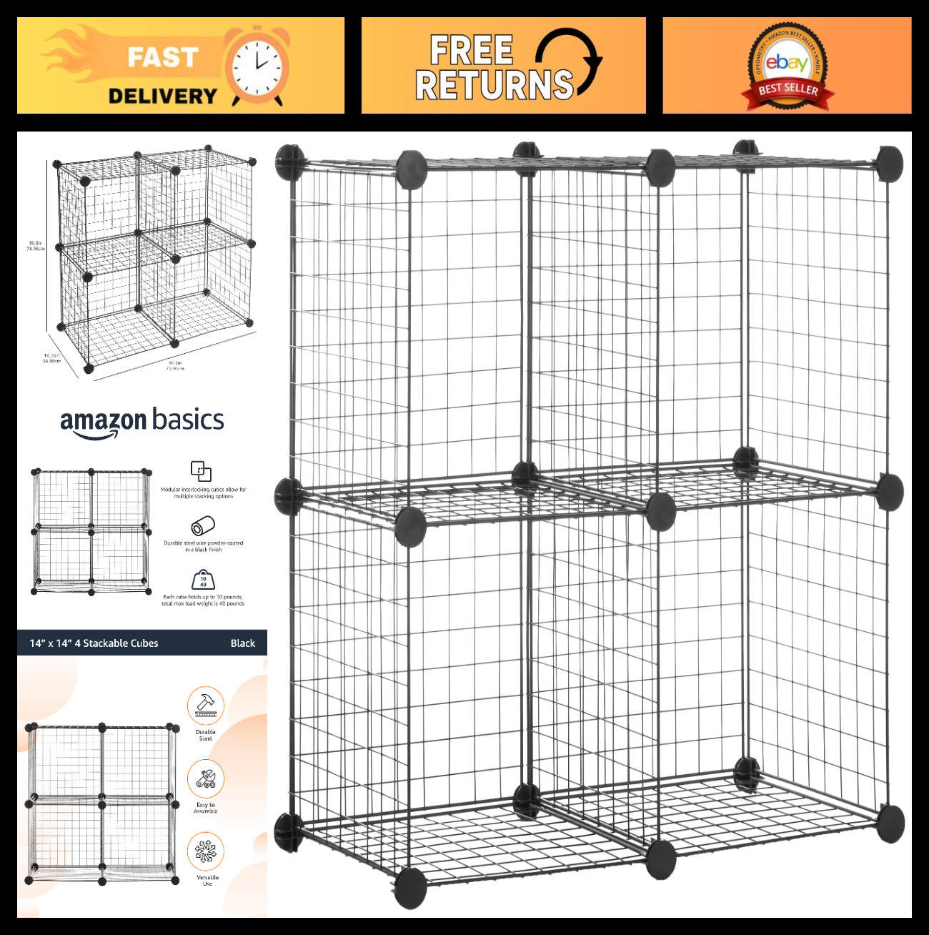 4 Cube Wire Grid Storage Organizer – Stackable Closet Shelves, Space-Saving, Eas