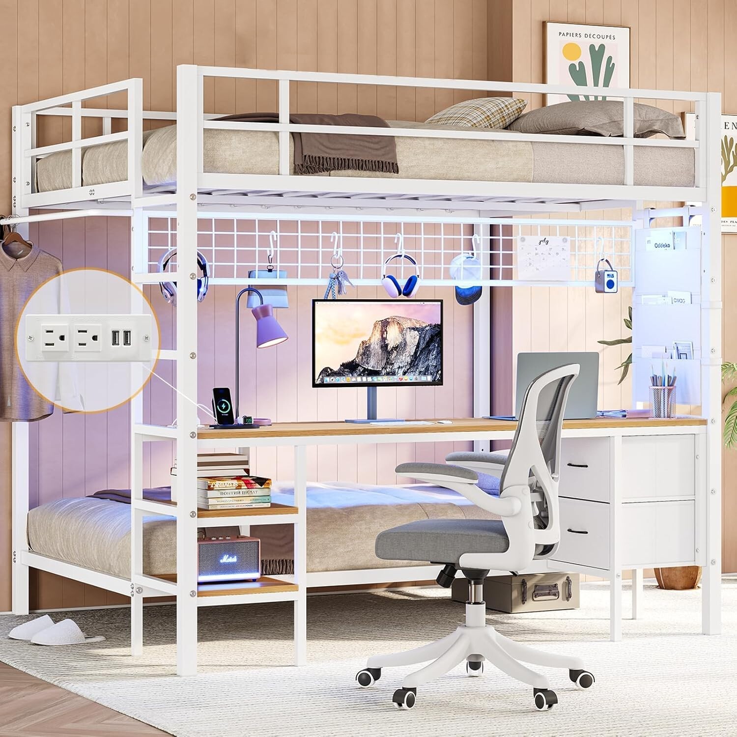 Metal Bunk Bed Full Over Twin Size with Charging Station Led Lights Desk Drawers