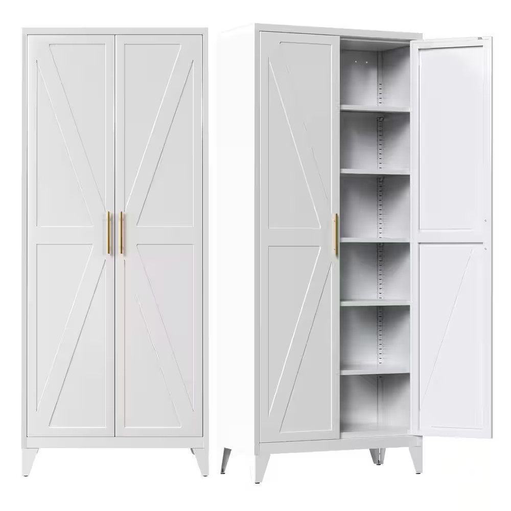 32 In. W X 75 In. H X 16 In. D White Metal Freestanding Storage Cabinet, Kitchen
