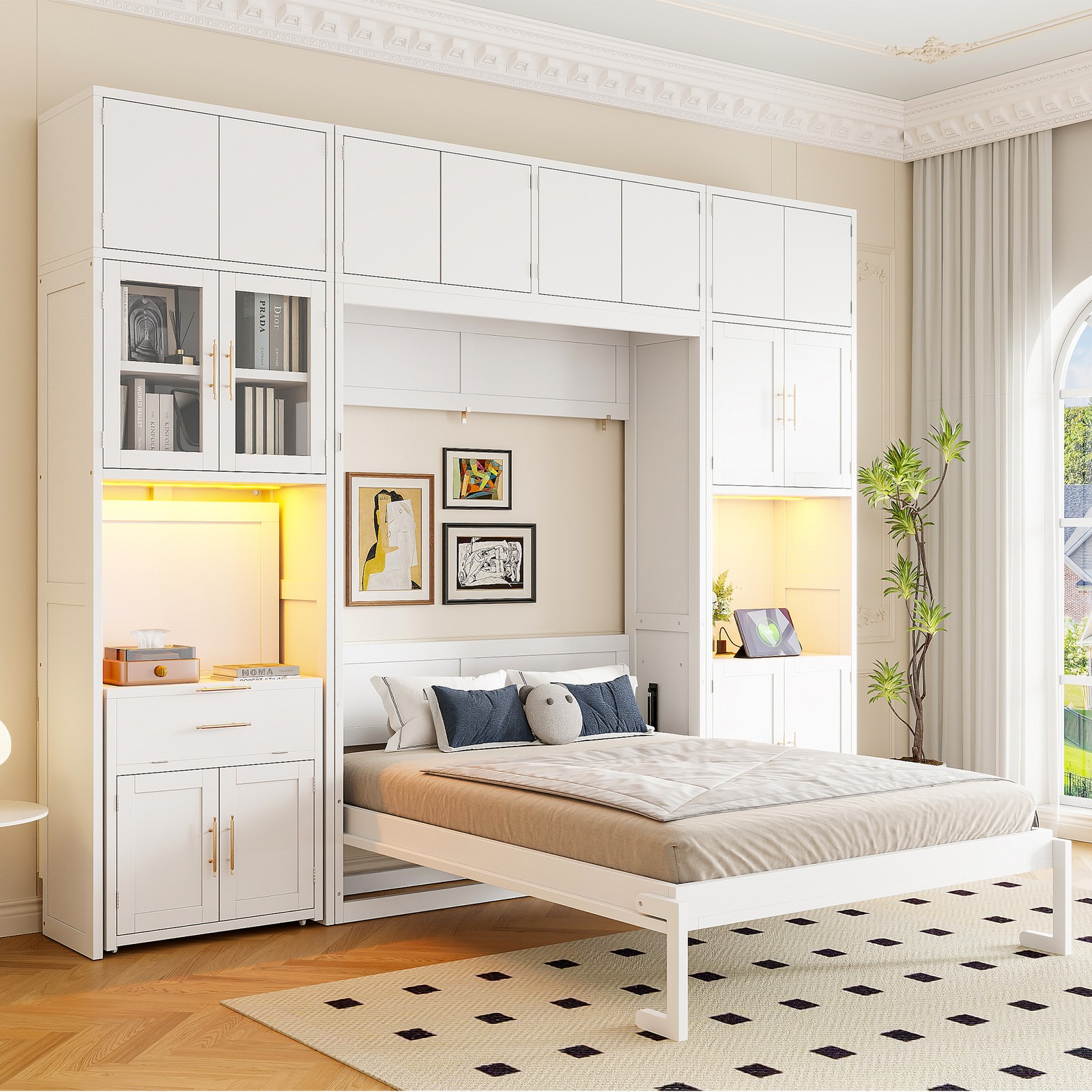 Full Size Murphy Bed with Desk & Storage Cabinets LED Light Wood Murphy Wall Bed