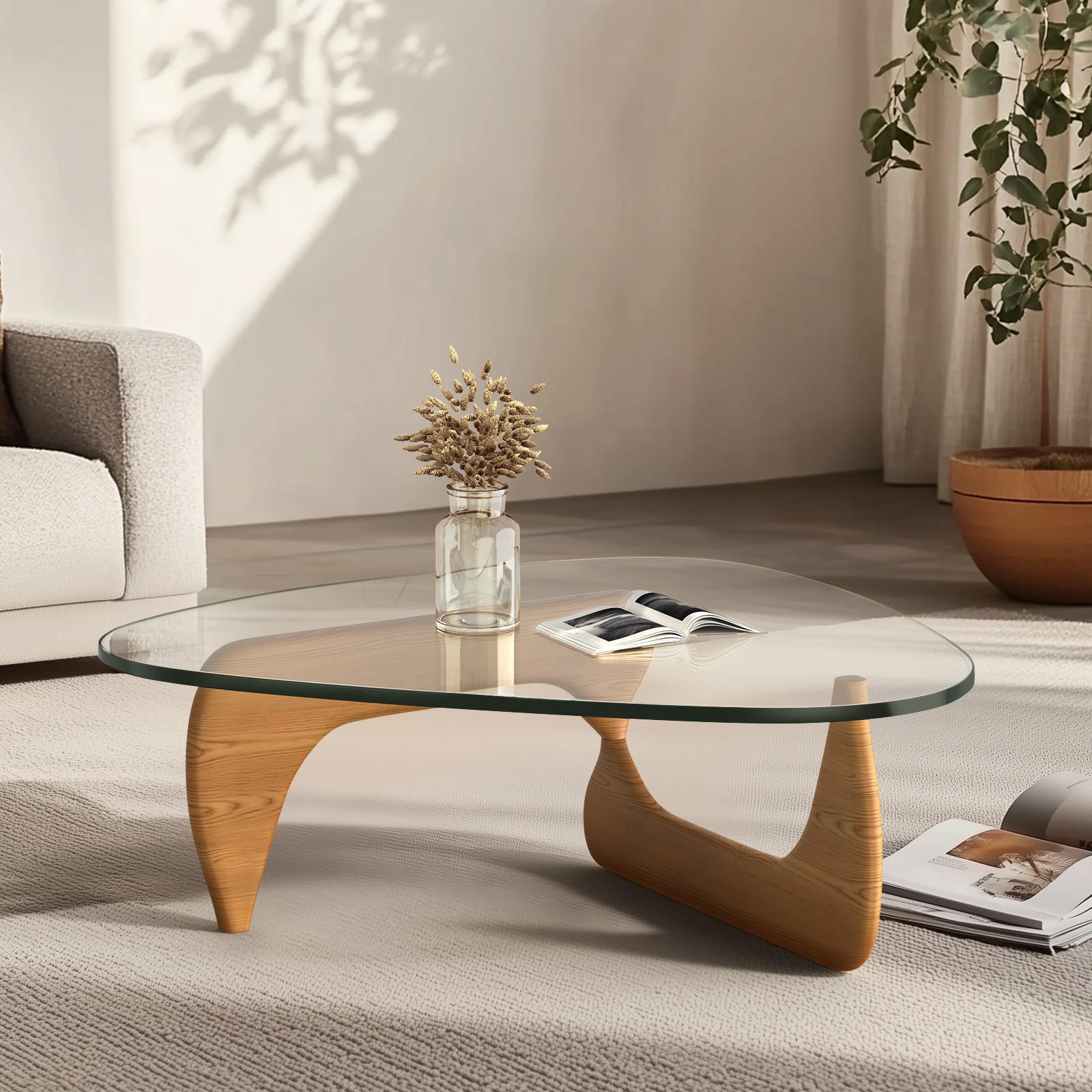 Classic Glass Coffee Table Solid Wood Base Clear Triangle Glass For Living Room
