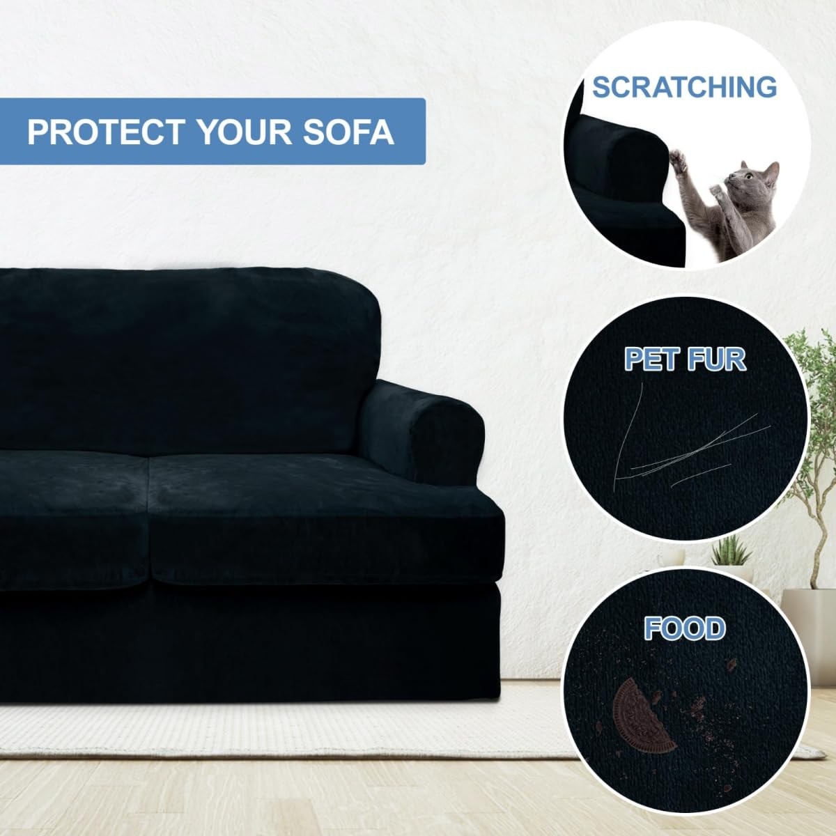 T Cushion Sofa Cover 3 Piece Loveseat Slipcovers, Soft Thick Velvet Couch Cov…
