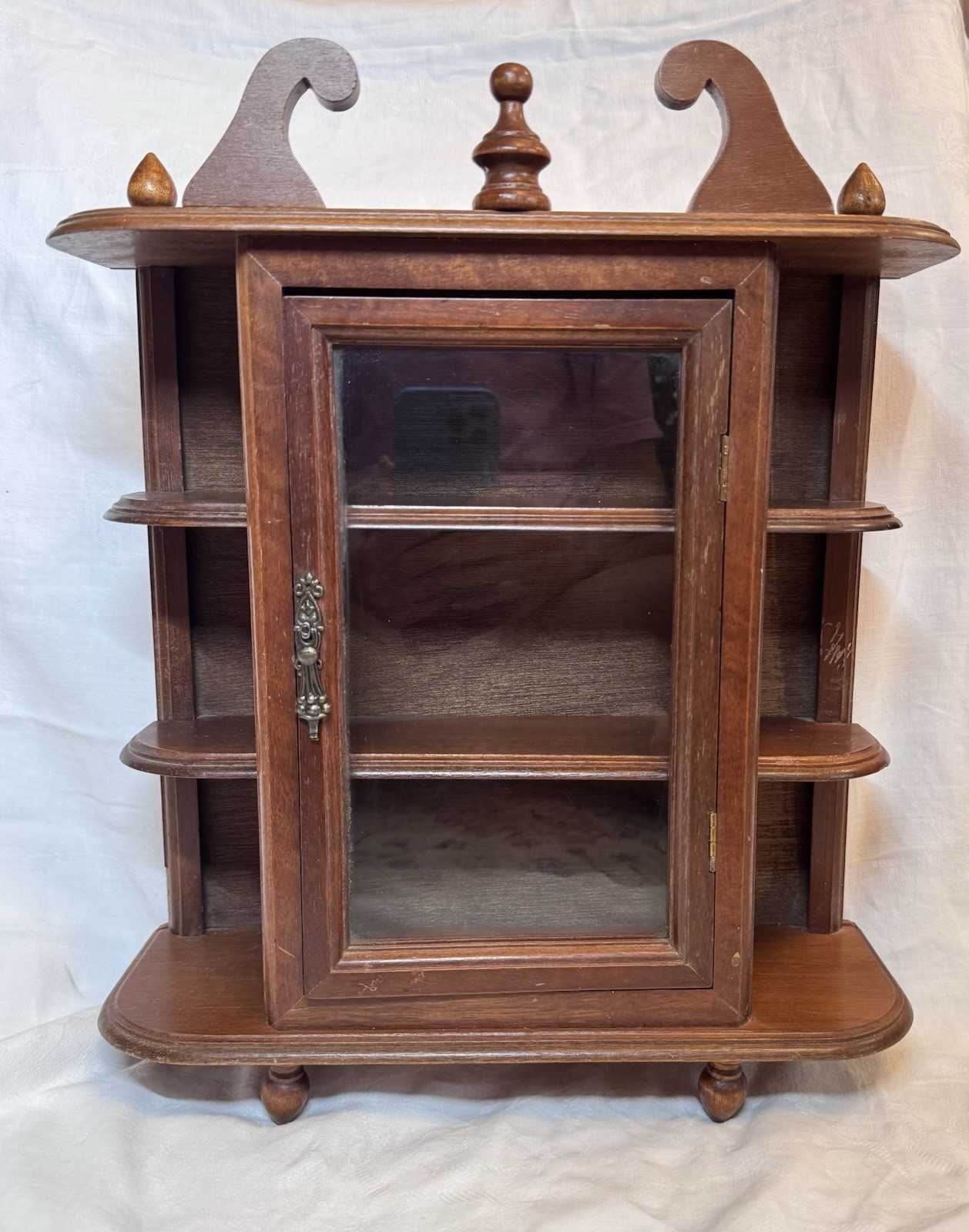 Vintage Wood Wall Curio Cabinet Glass Door Display Case Shelves Miniatures Brown