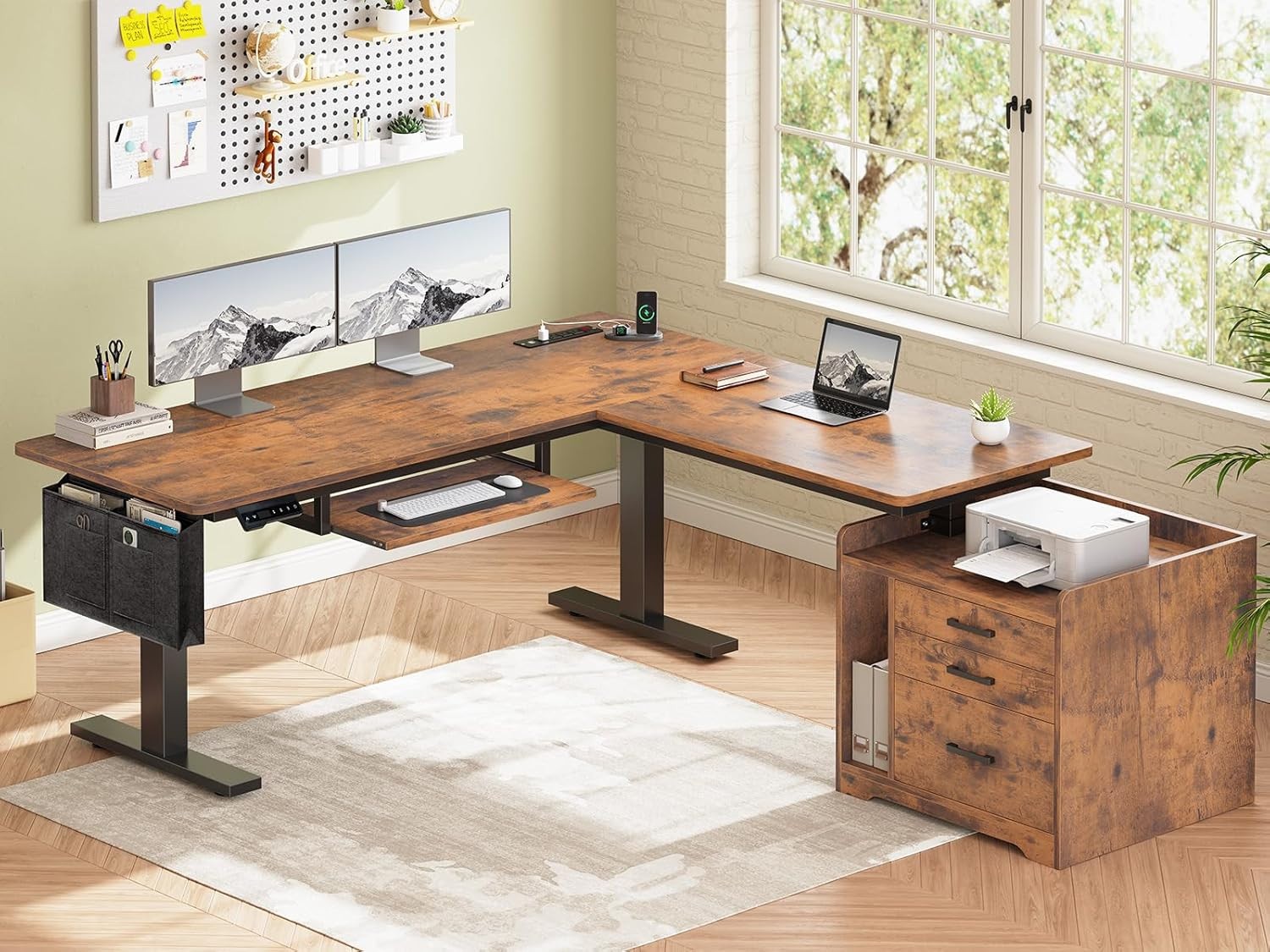 SEDETA L Shaped Electric Standing Desk with File Cabinet, 63 X 53” Height Adjus