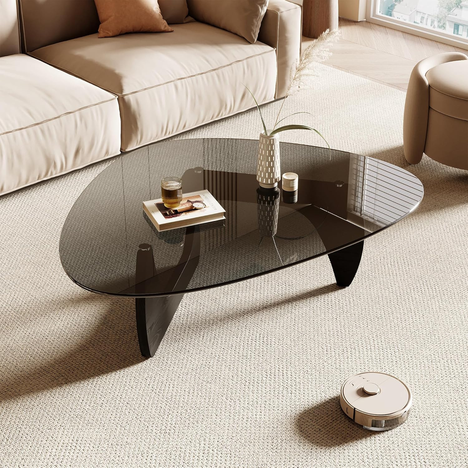 Modern Coffee Table Triangle Tempered Glass Top Black 42.5×28.5×16.1 Inches