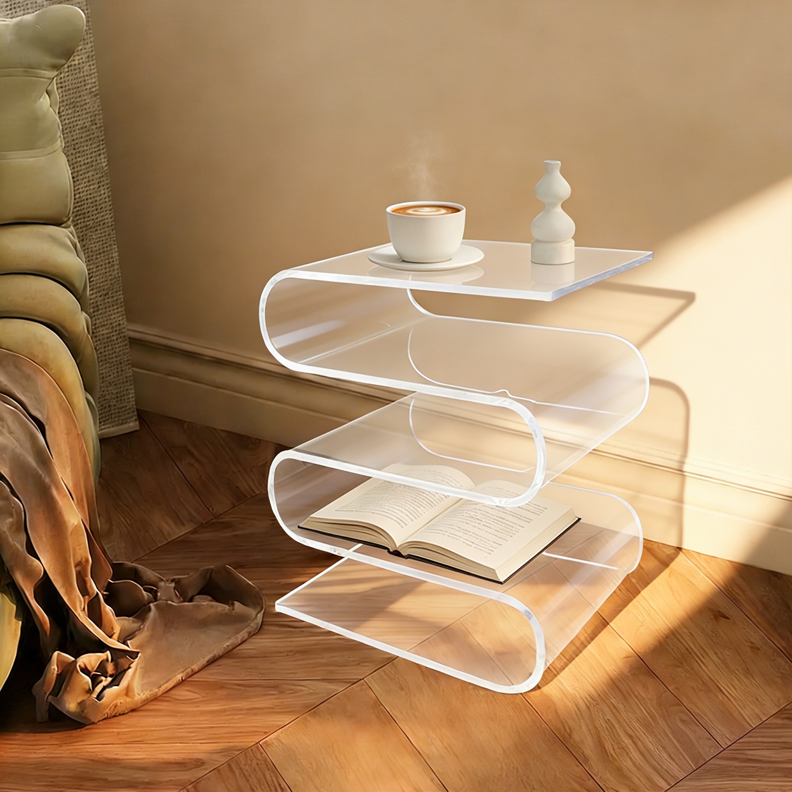 S-Shaped Side Table Creative Nightstand for Bedroom and Living Room Clear