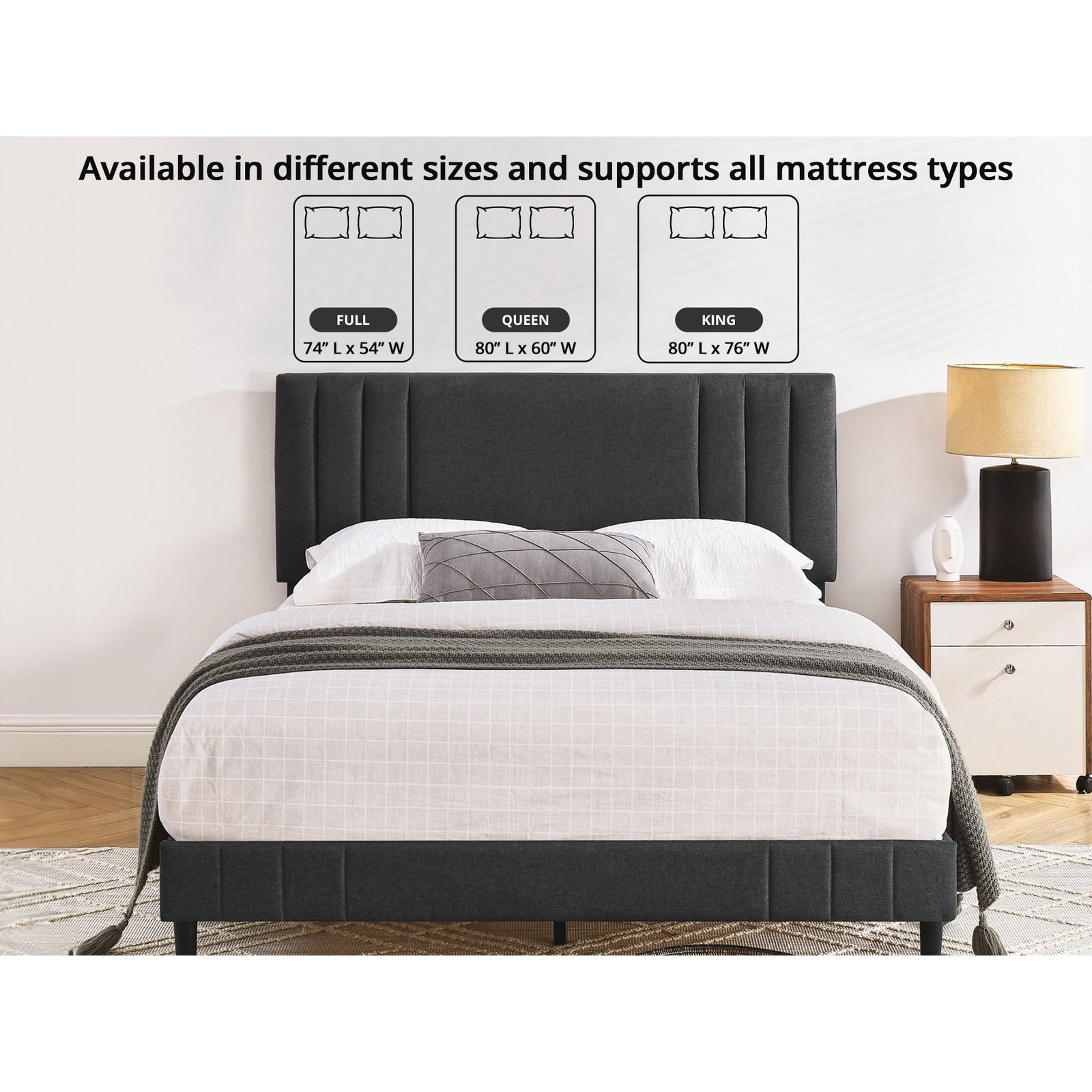 DeCoro Chicago Modern Tufted Upholstered Platform King Size Bed Frame, Dark Grey