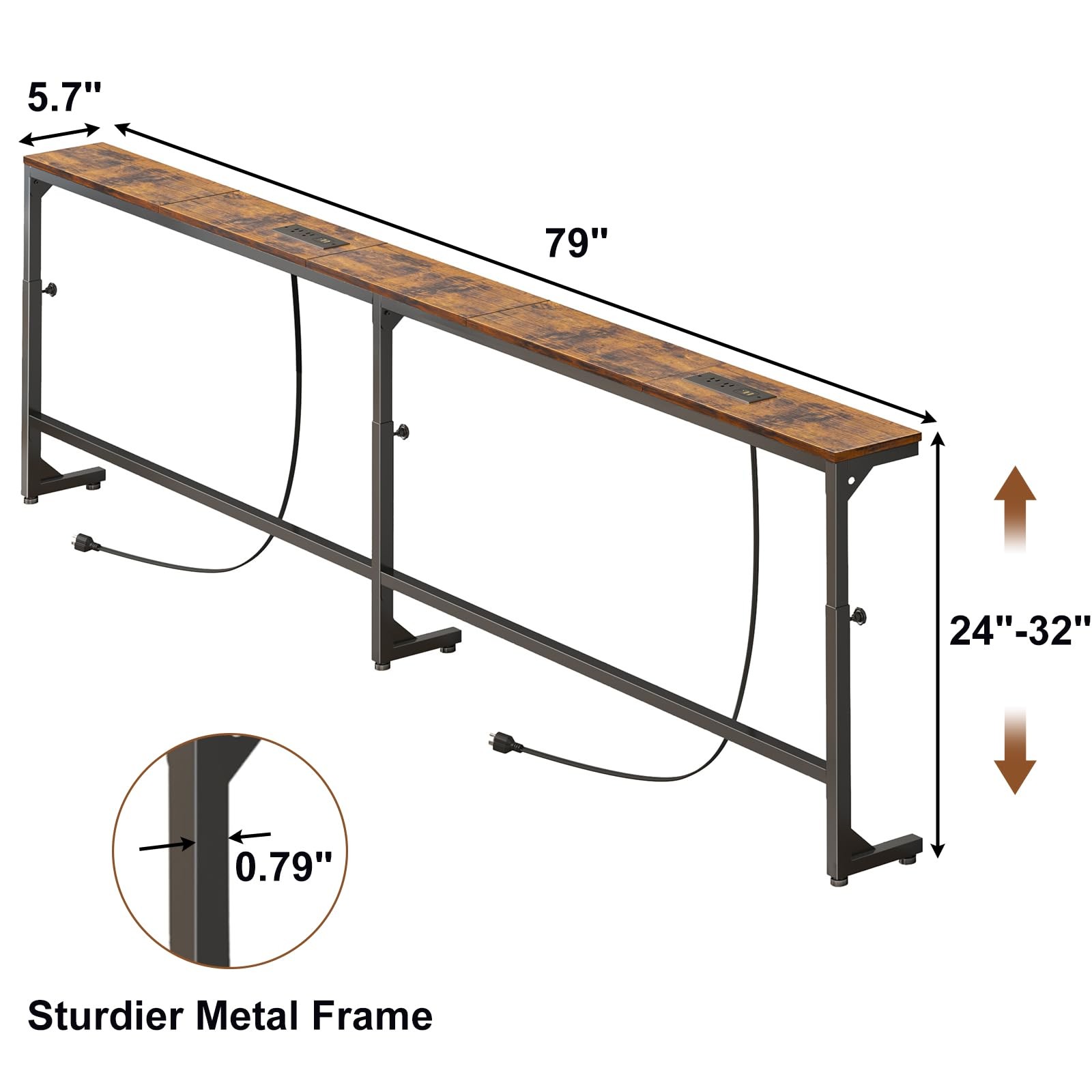 79in Behind The Couch Table Skinny Adjustable Height Sofa Table with Outlet N…