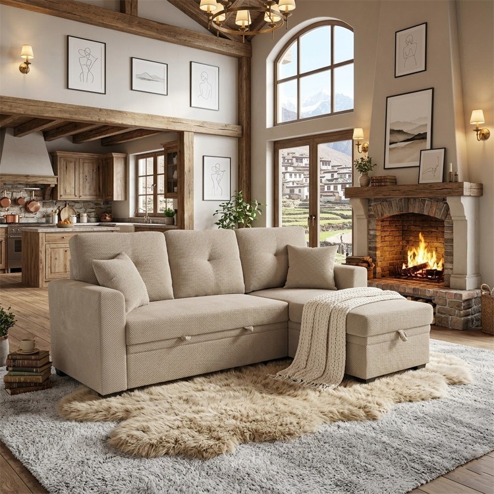 L-Shaped Sofa Sectional Loveseat Couch Convertible Sleeper Sofa w/Pull-Out Bed
