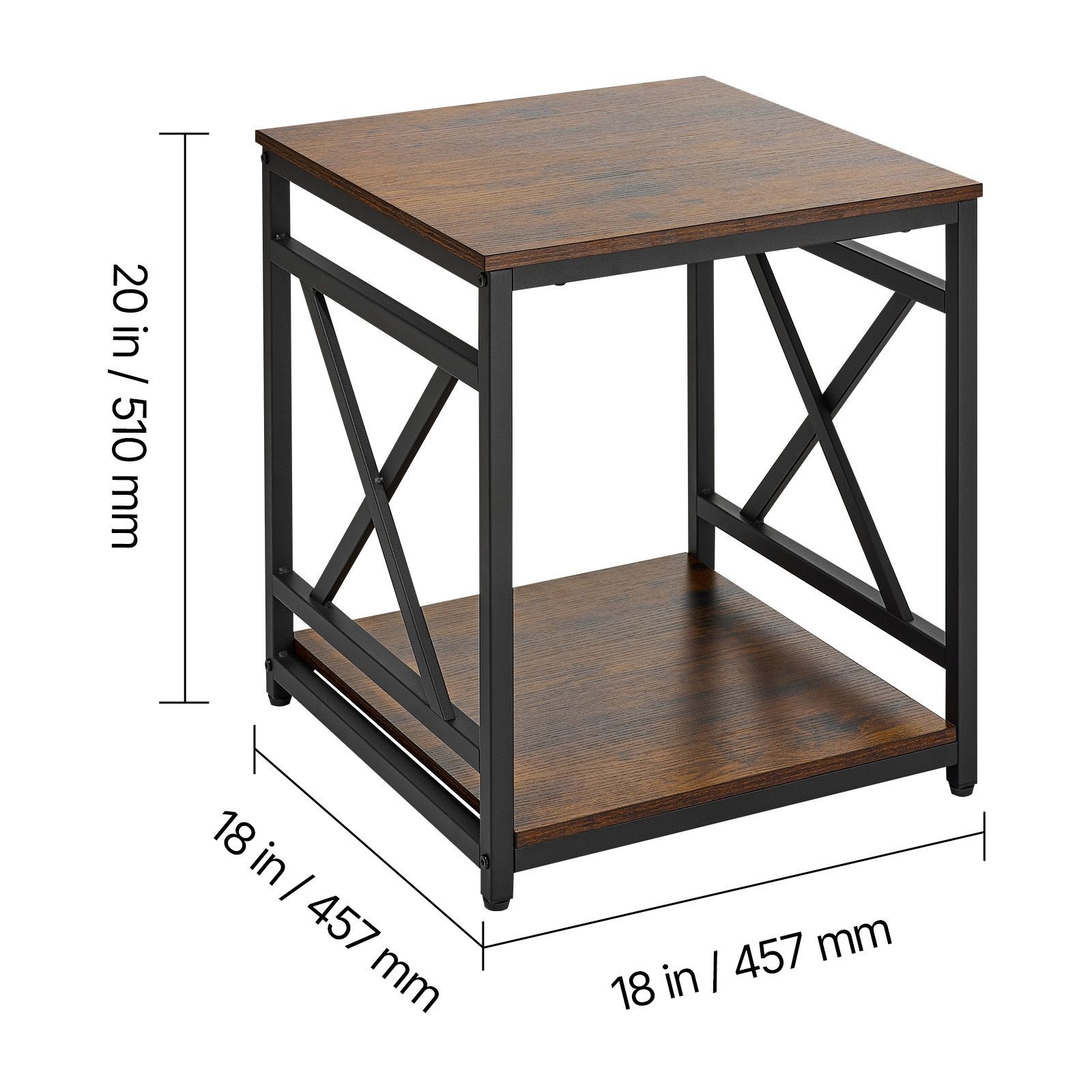 20in Wood End Table Nightstand Open Shelf, 88lb Cap, Rustic Brown