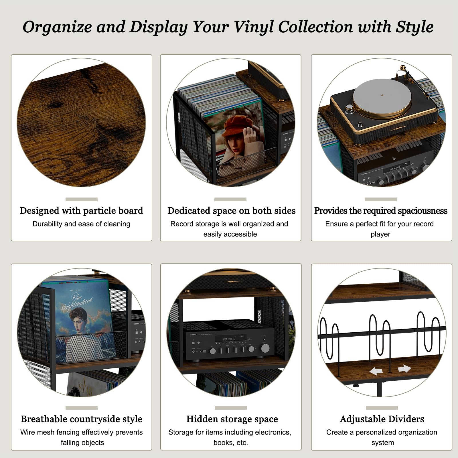 Sonyabecca Large Vintage Record Player 45.67”X13.38”X30.1”, Black-Brown