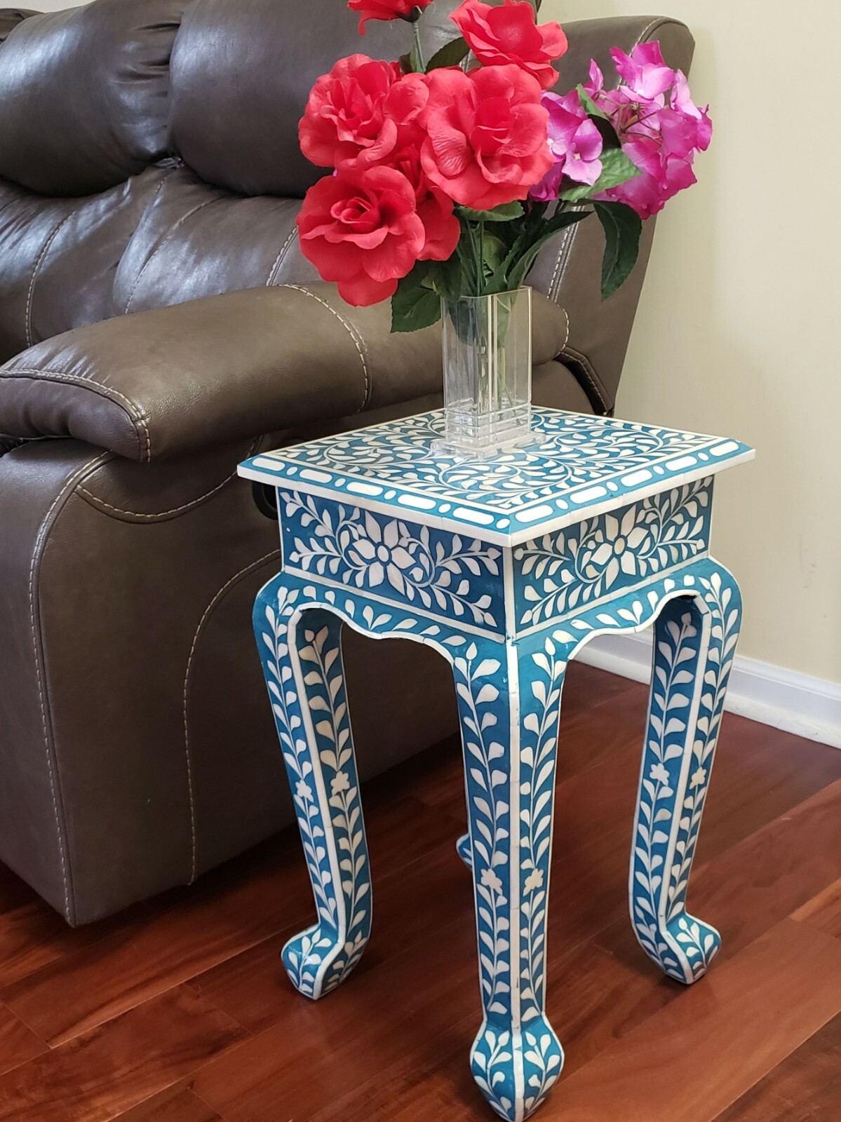 Floral Bone Inlay French Style 12 Inch Blue Accent Table | End Table
