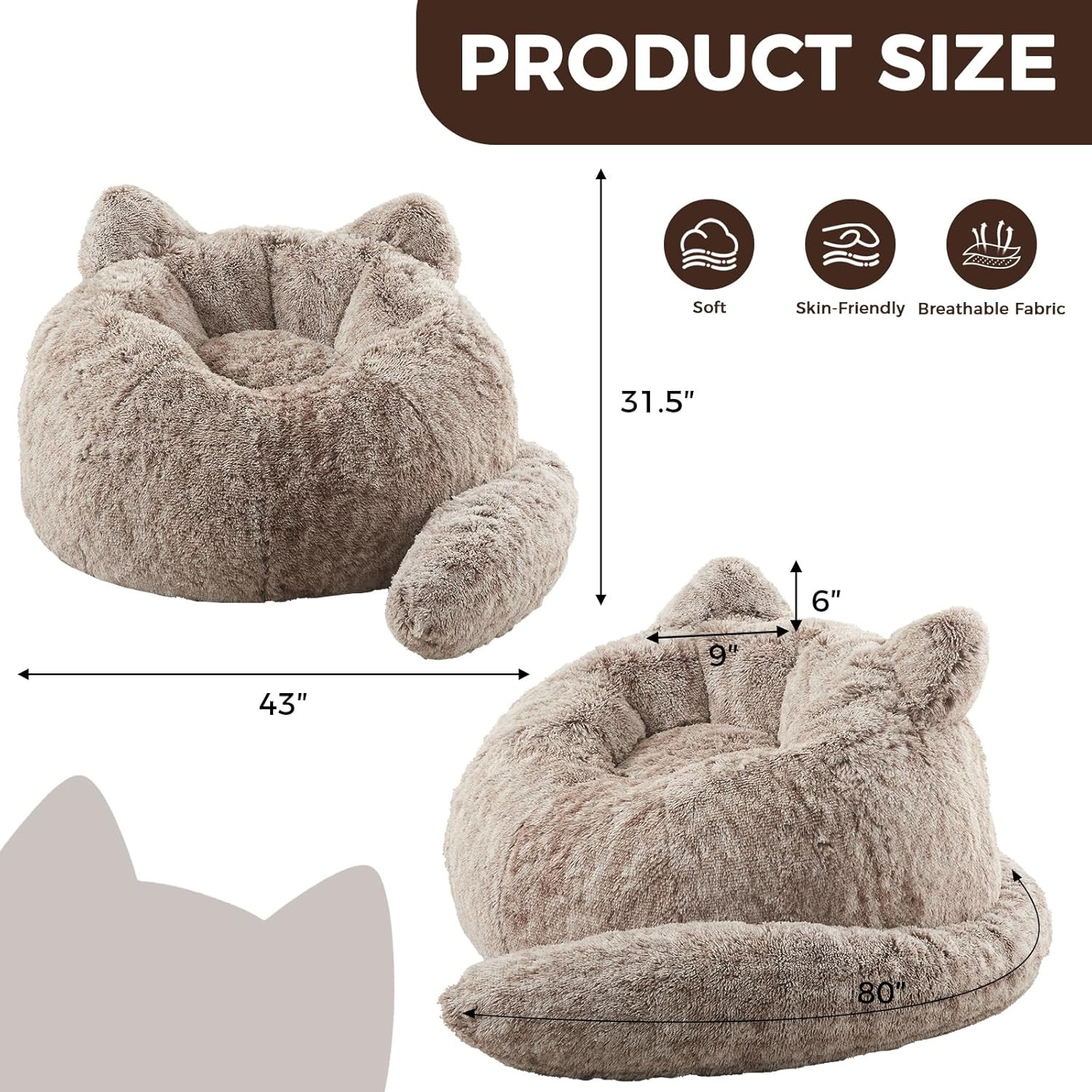 Plush Giant Cat Bean Bag Chair – Cozy Faux Fur Sofa for All Ages